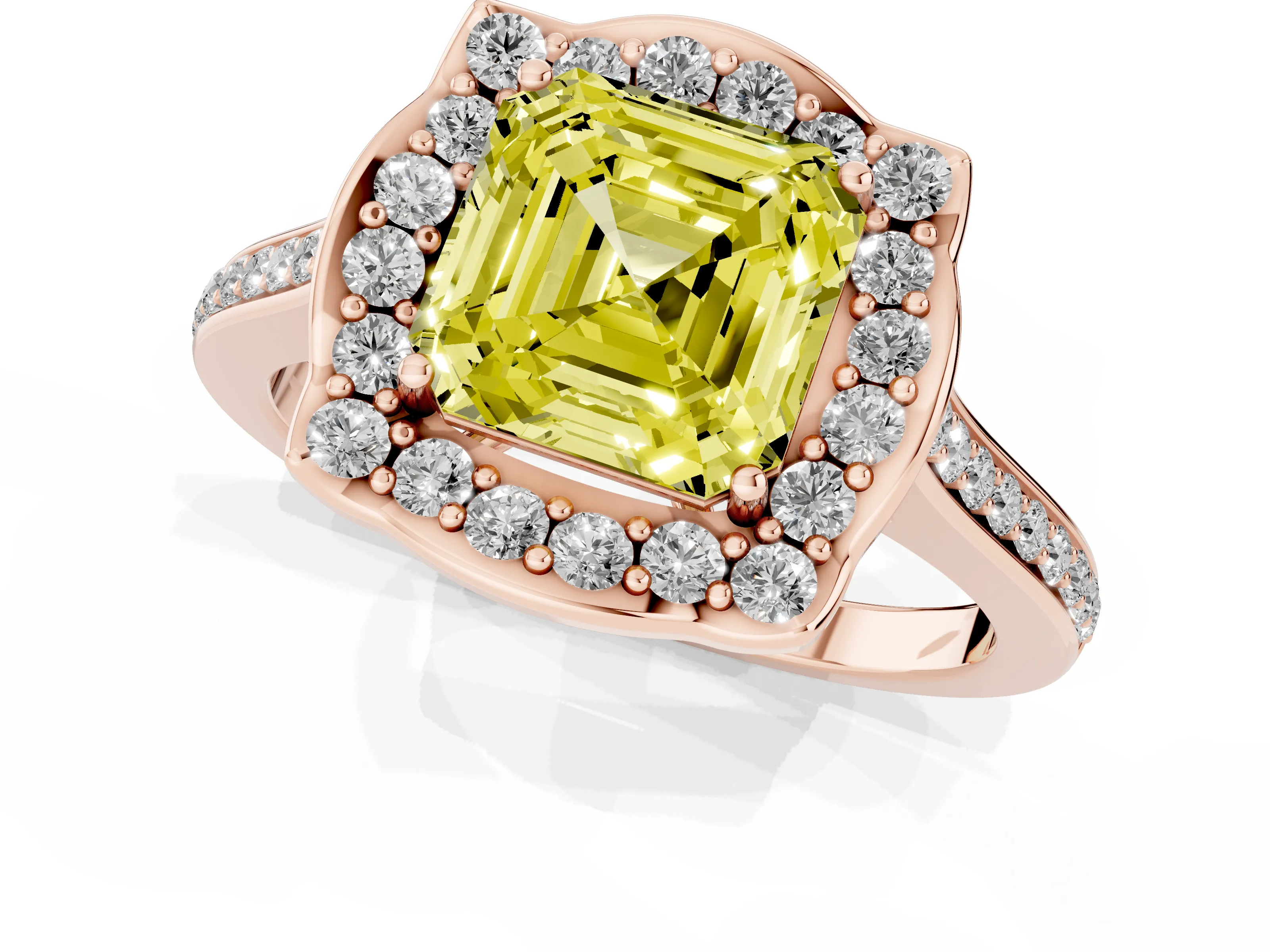 Fancy Yellow Asscher Cut Diamond Halo Ring Set in Rose gold with Pavé-Lined Shoulders and Prong Setting