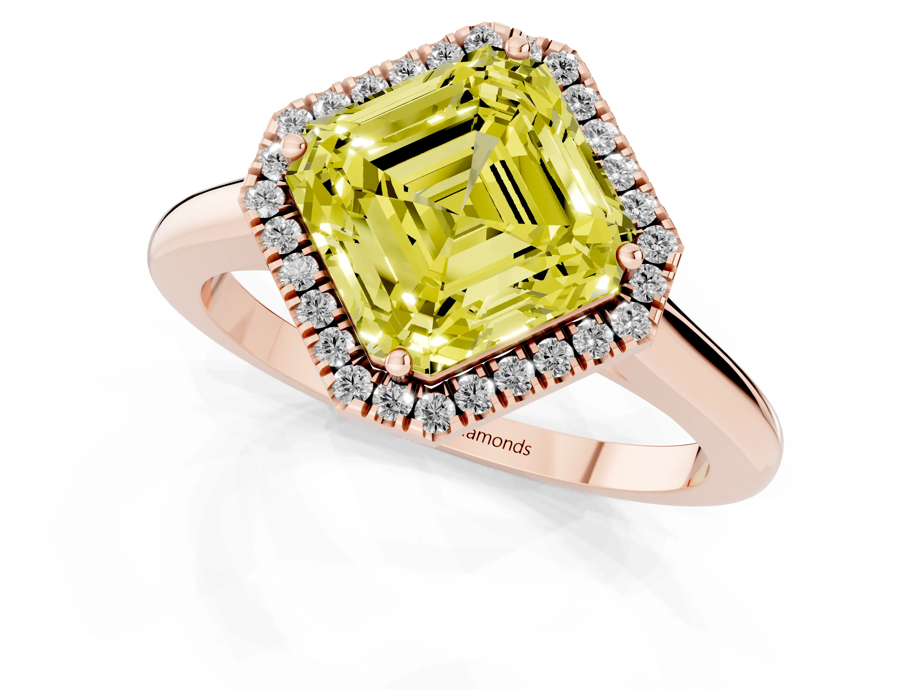 Fancy Yellow Asscher Cut Diamond Halo Engagement Ring Set in Rose gold with Pavé Band and Rising Shoulders