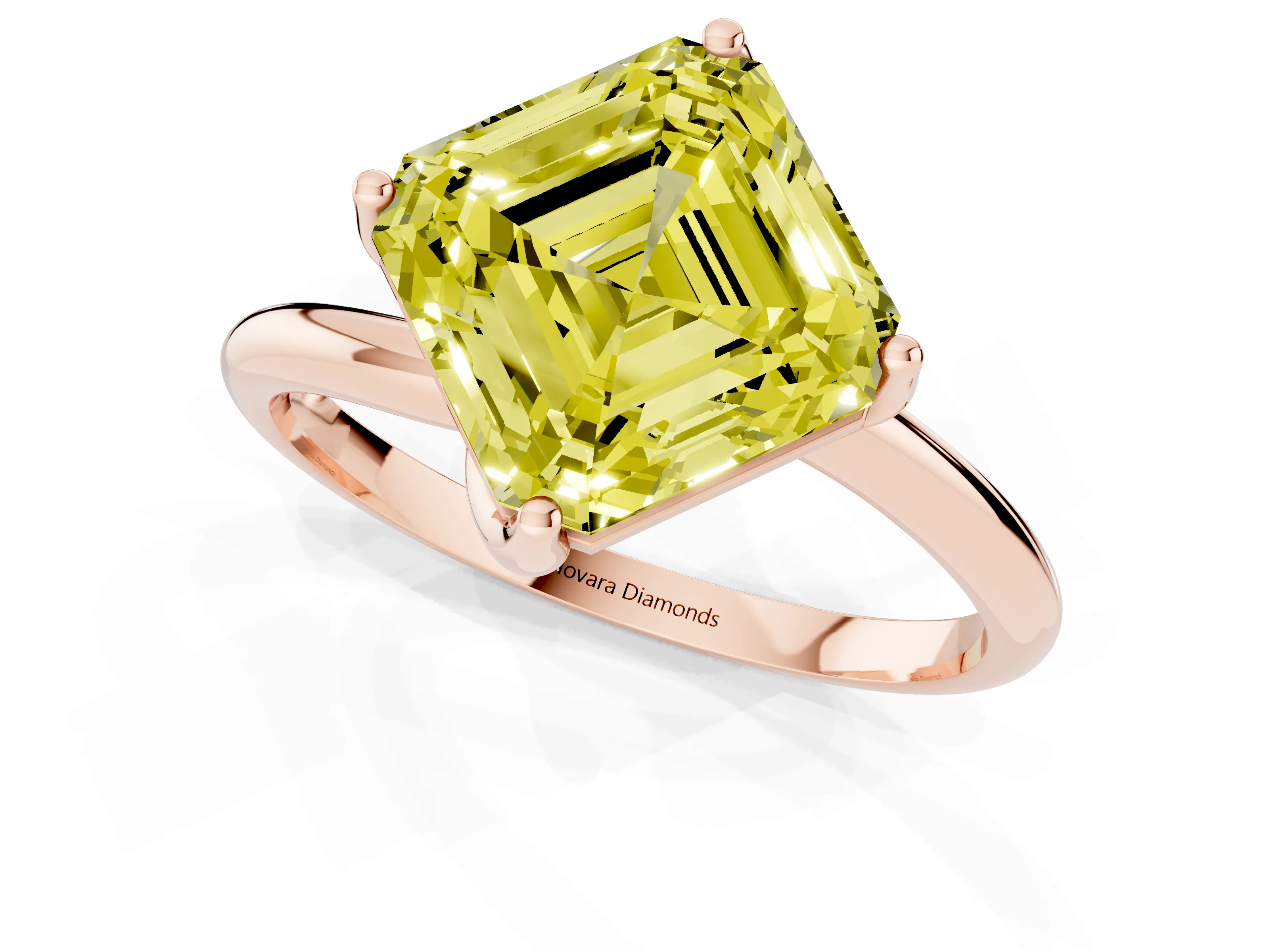 Fancy Yellow Asscher Cut Diamond Solitaire Engagement Ring Set in Rose gold with Classic Plain Band