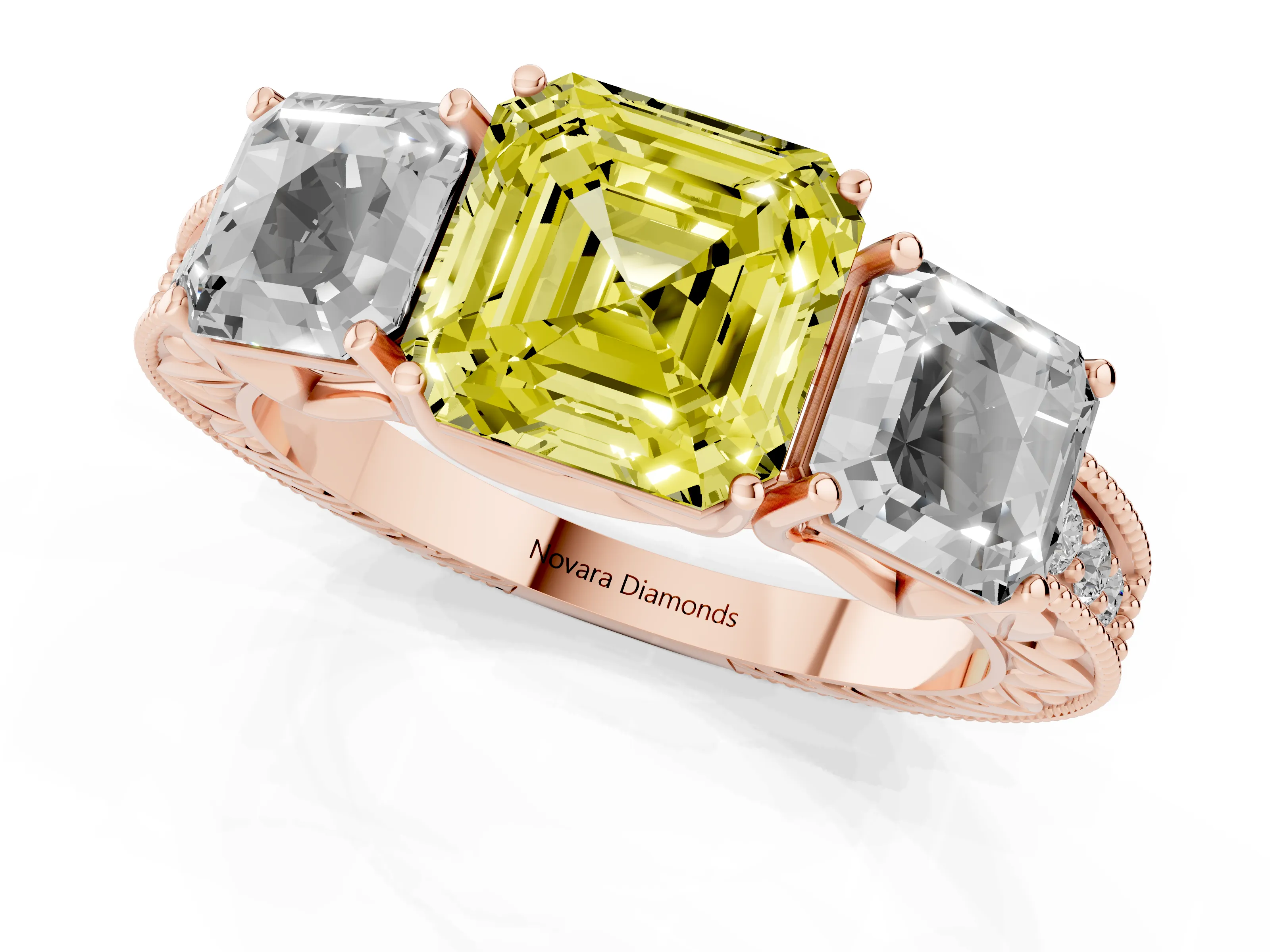 Fancy Yellow Asscher Cut Diamond Three-Stone Engagement Ring Set in Rose gold with Milgrain Pavé Band
