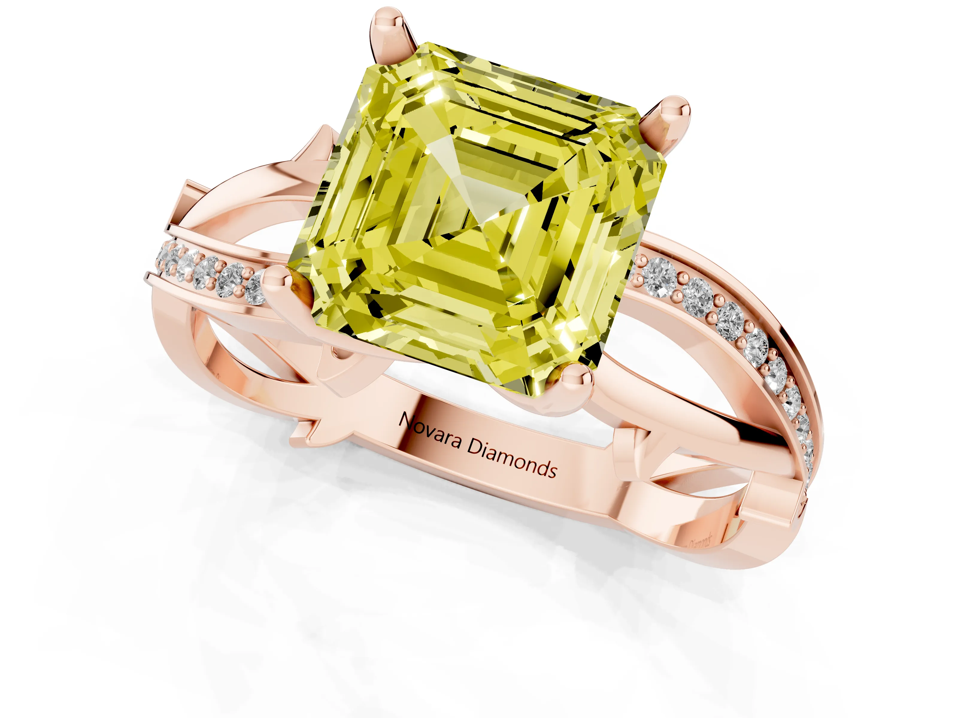 Fancy Yellow Asscher Cut Diamond Pavé Twist Band Solitaire Ring Set in Rose gold with Prong Setting
