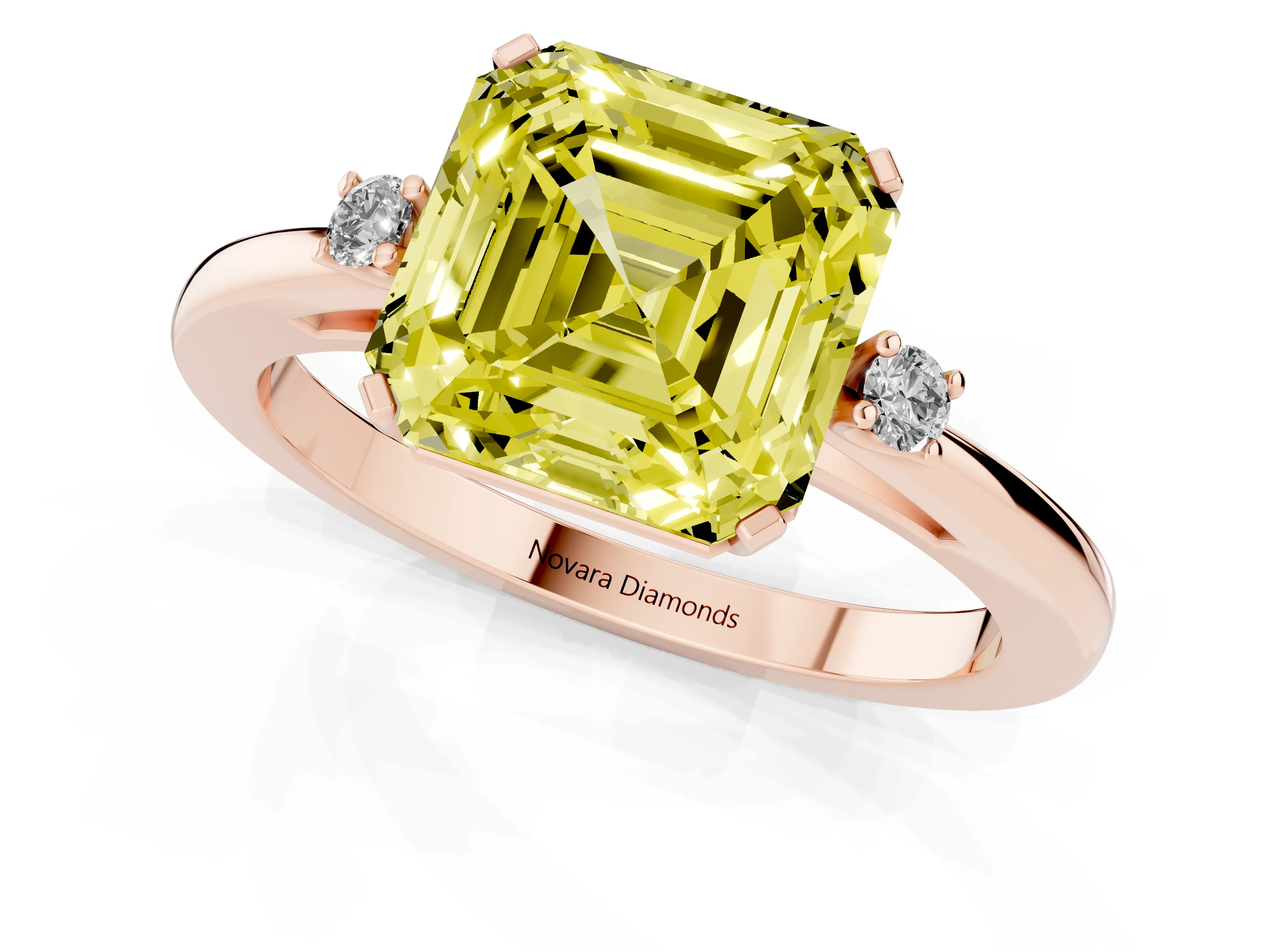 Fancy Yellow Three-Stone Asscher Cut Diamond Solitaire Ring Set in Rose gold with Round Accent Stones and Prong Setting