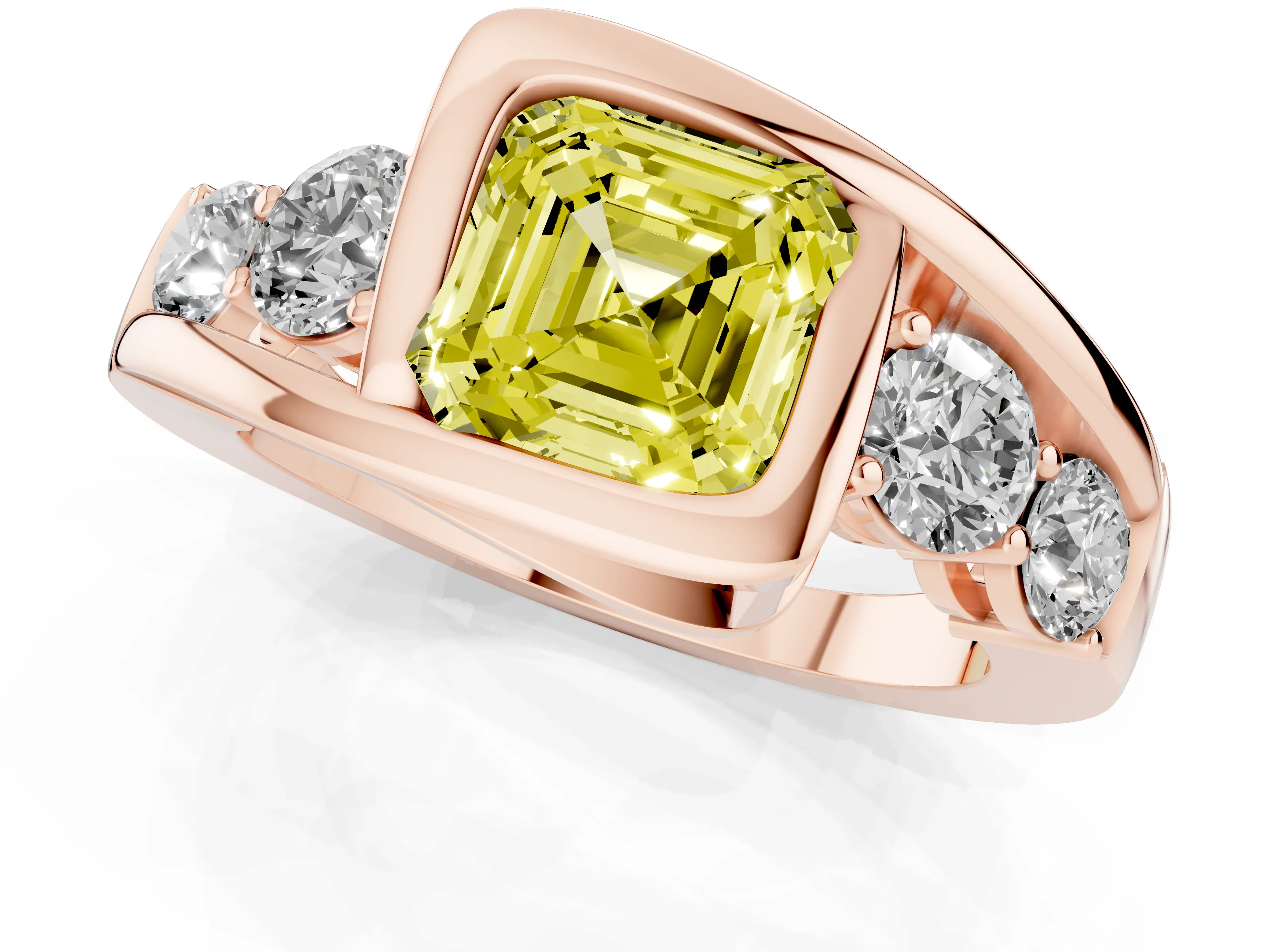 Fancy Yellow Asscher Cut Diamond Bezel Bypass Ring Set in Rose gold with Round Accents