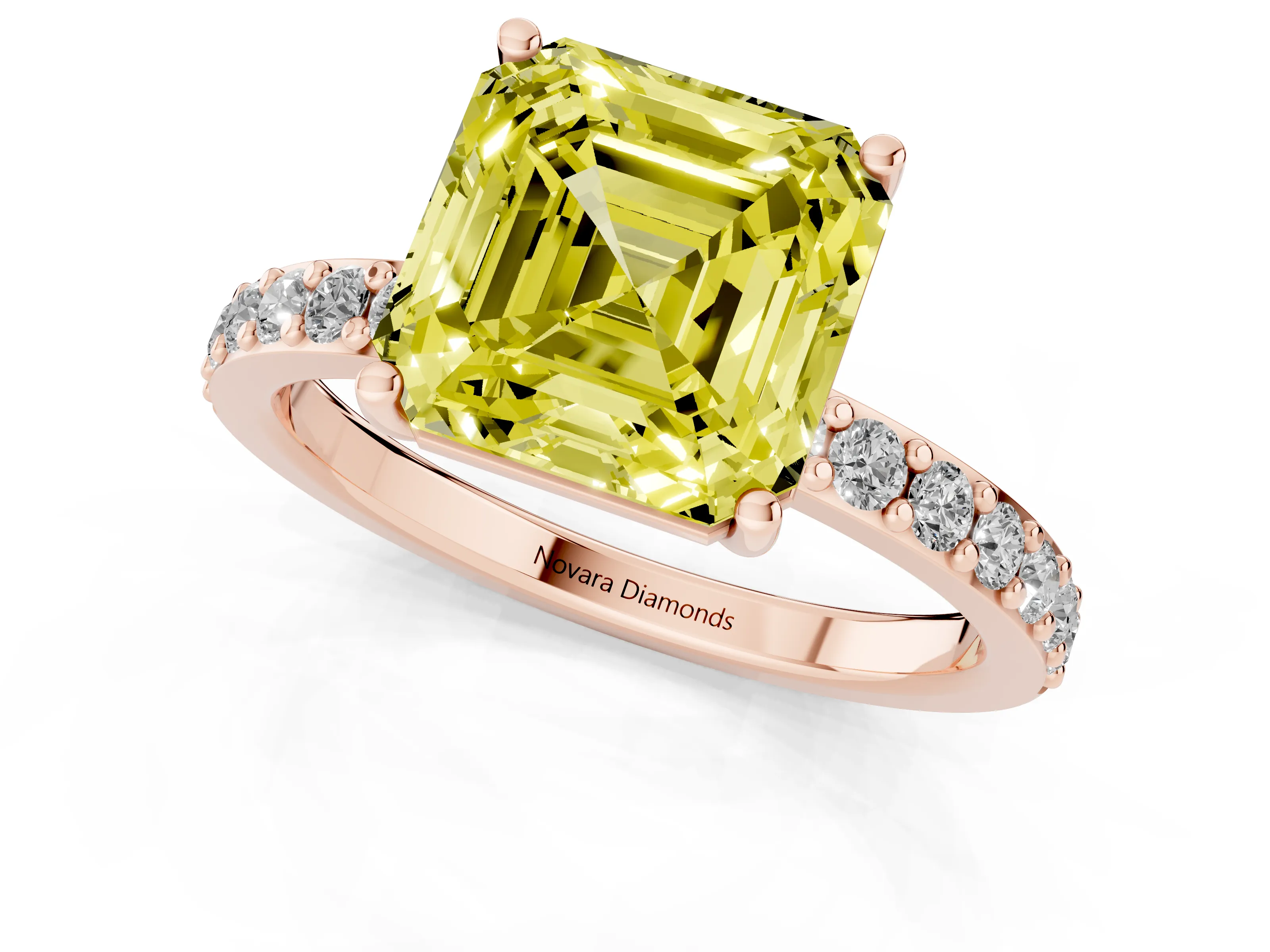 Fancy Yellow Asscher Cut Diamond Solitaire Set in Rose gold with Round Pavé Band and Prong Setting