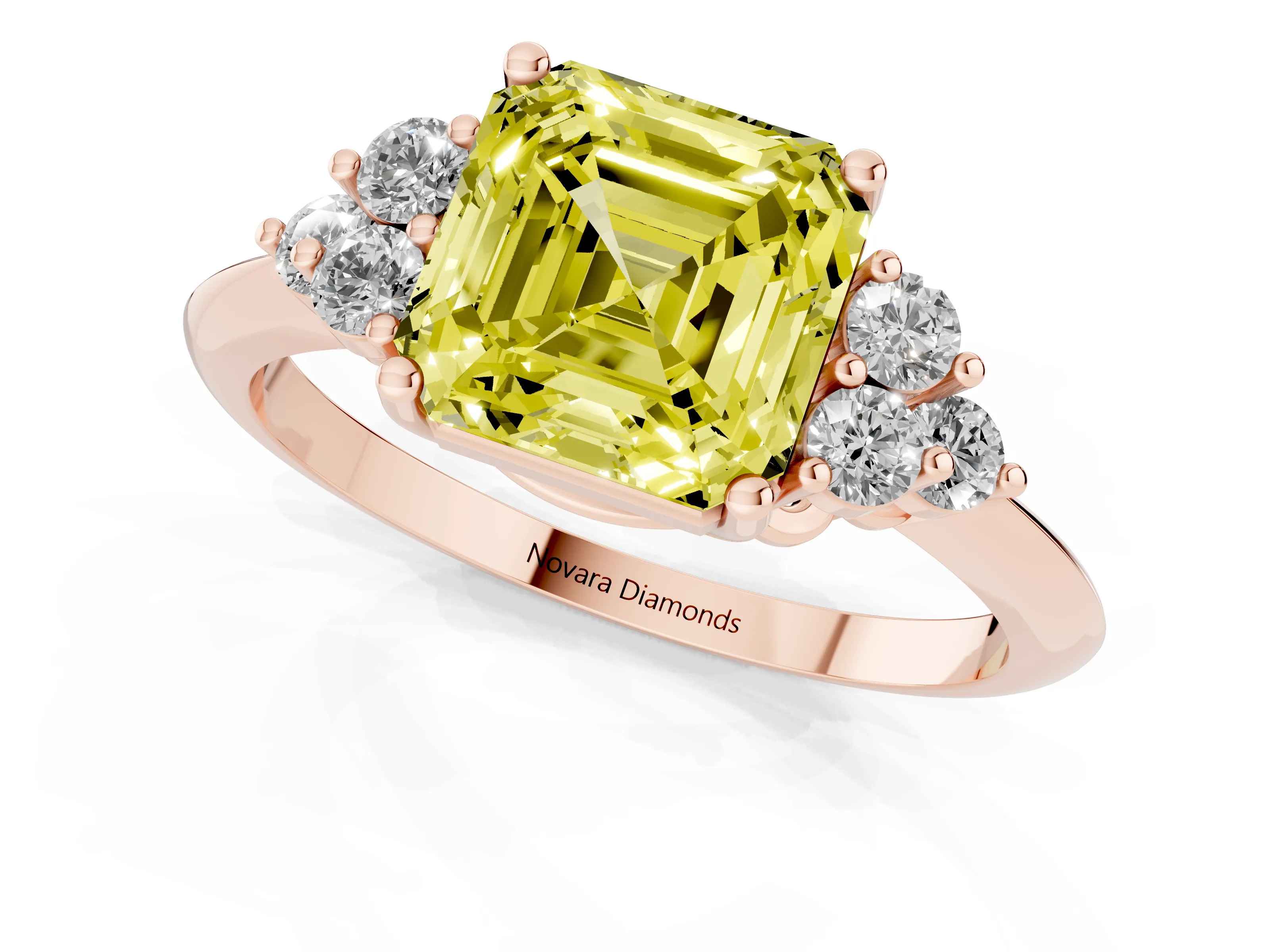 Fancy Yellow Asscher Cut Diamond Cluster Ring Set in Rose gold with Plain Band and Prong Setting