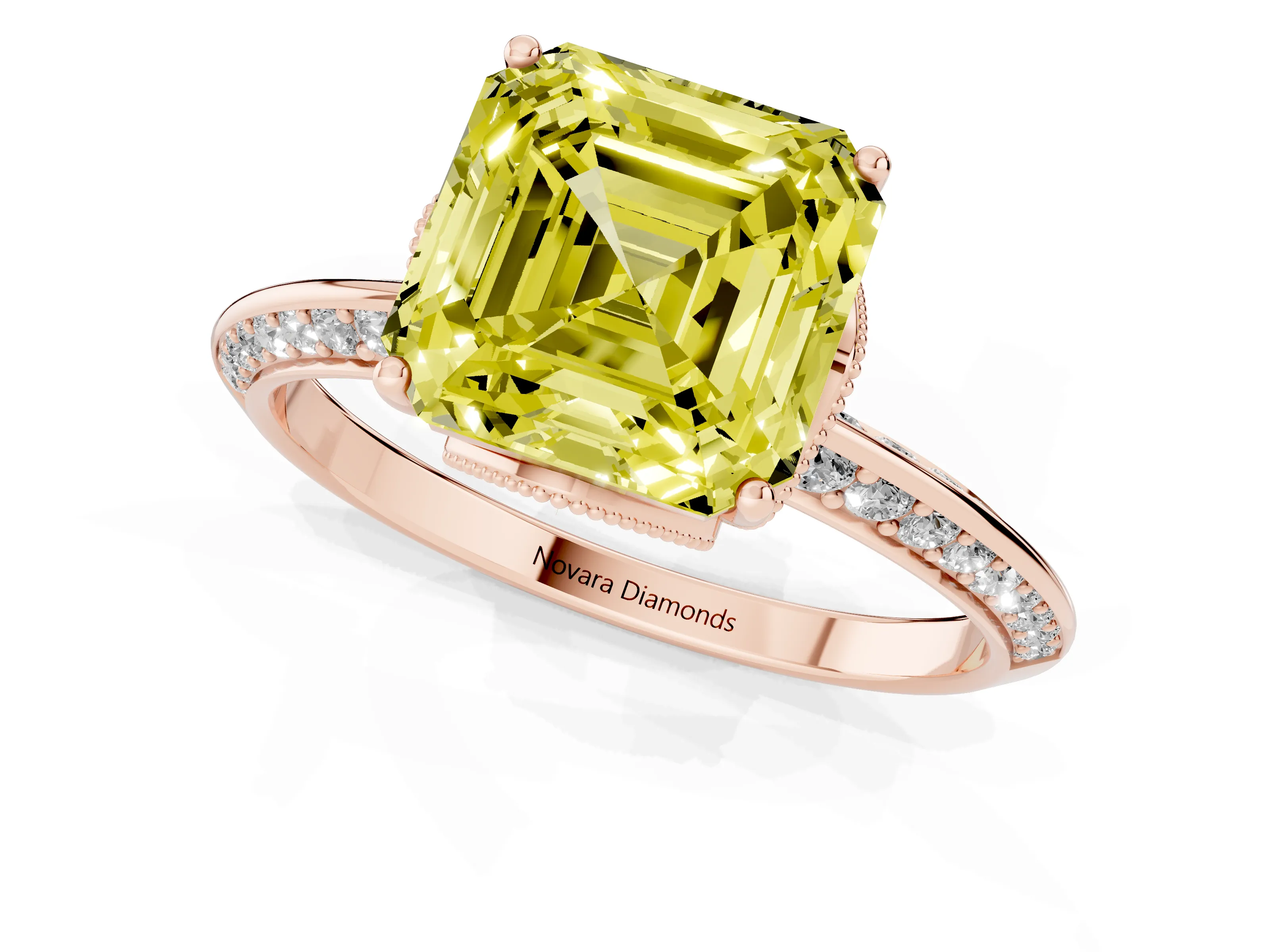 Fancy Yellow Asscher Cut Diamond Solitaire Engagement Ring Set in Rose gold with Pavé Split Shank and Prong Setting