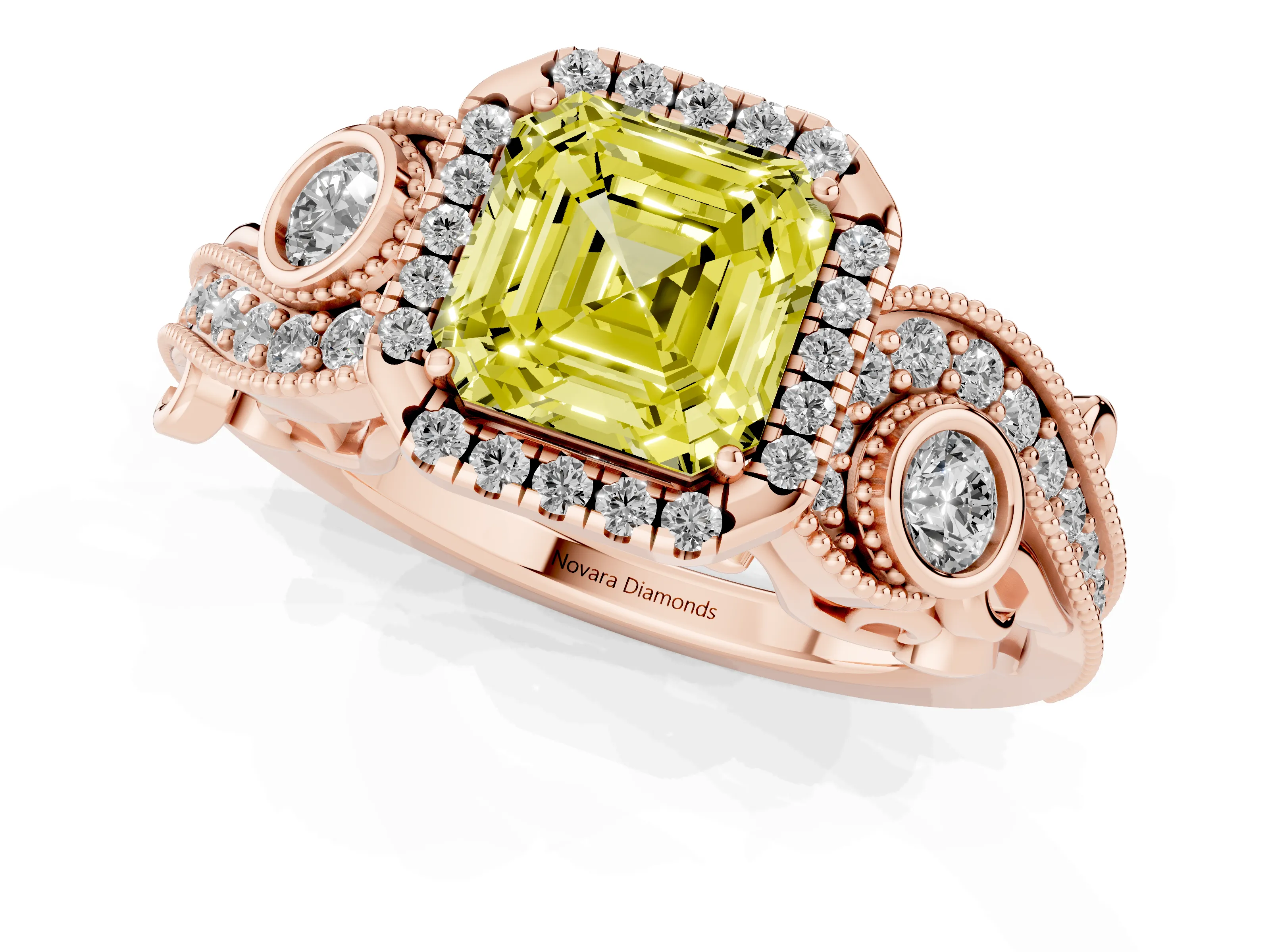 Fancy Yellow Asscher Cut Diamond Halo Ring Set in Rose gold with Milgrain Pavé Band and Prong Setting