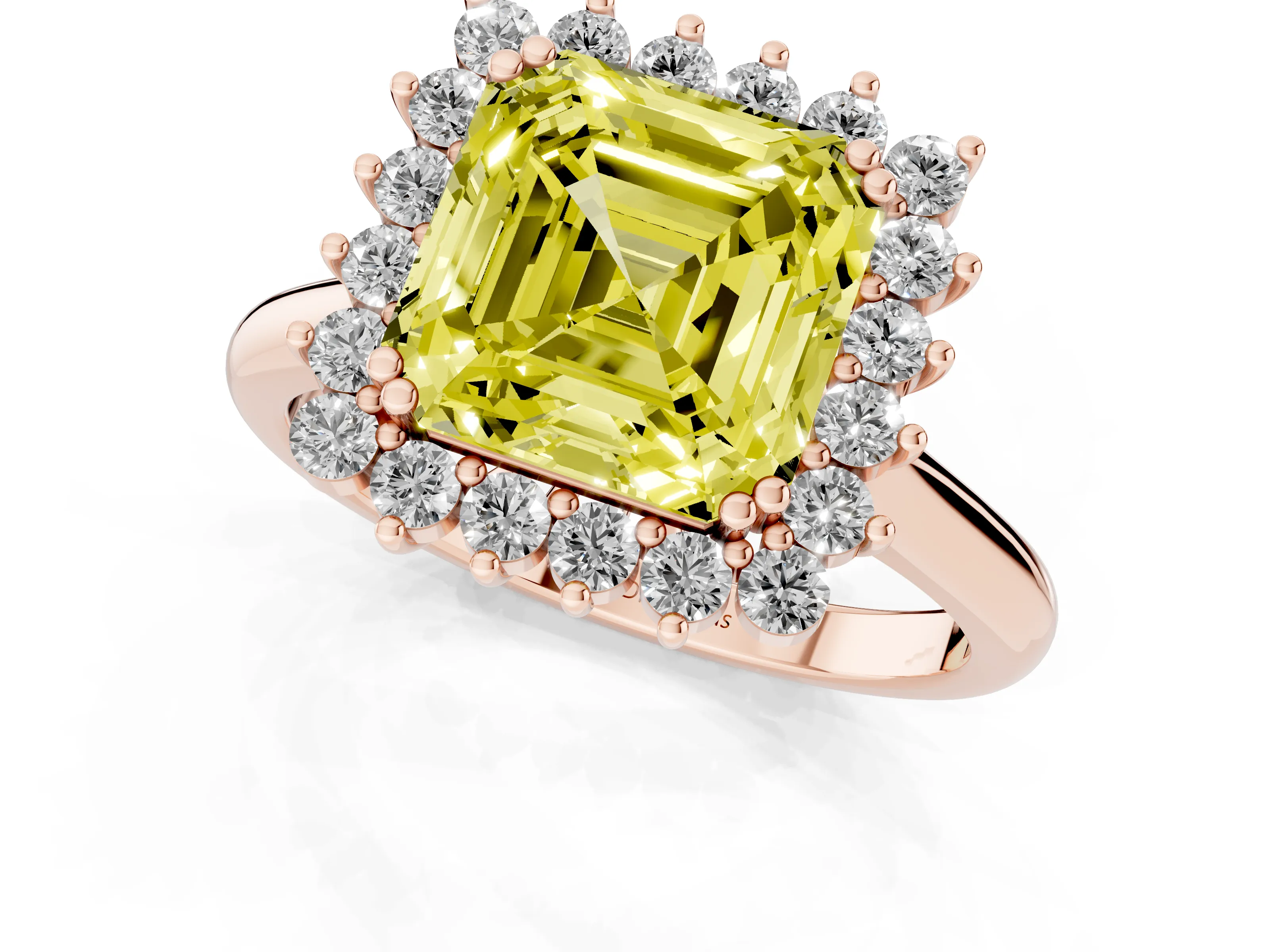 Fancy Yellow Asscher Cut Diamond Halo Ring Set in Rose gold with Plain Solitaire Band and Prong Setting