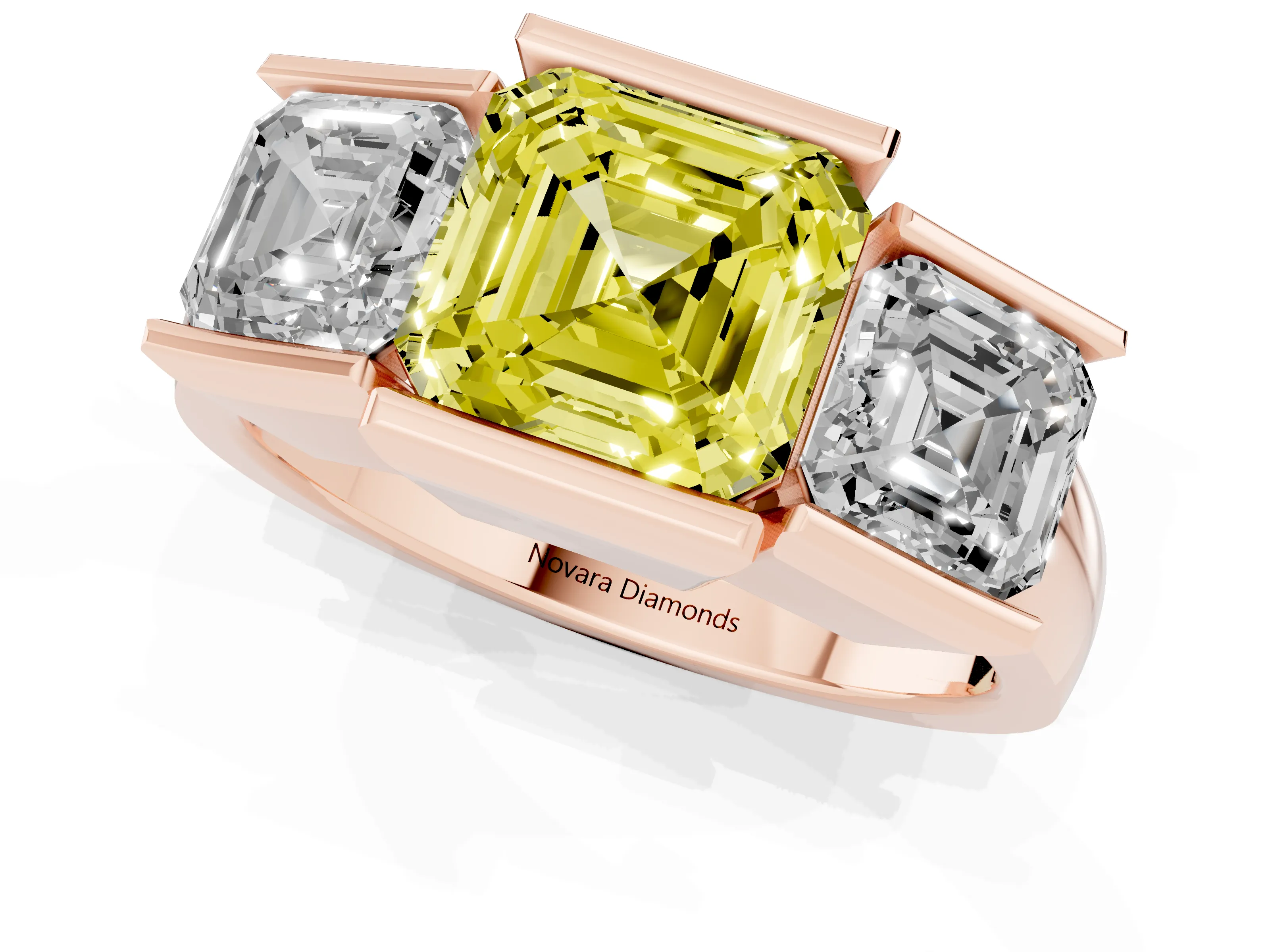 Fancy Yellow Asscher Cut Diamond Three-Stone Channel Set Ring Set in Rose gold with Smooth Polished Band
