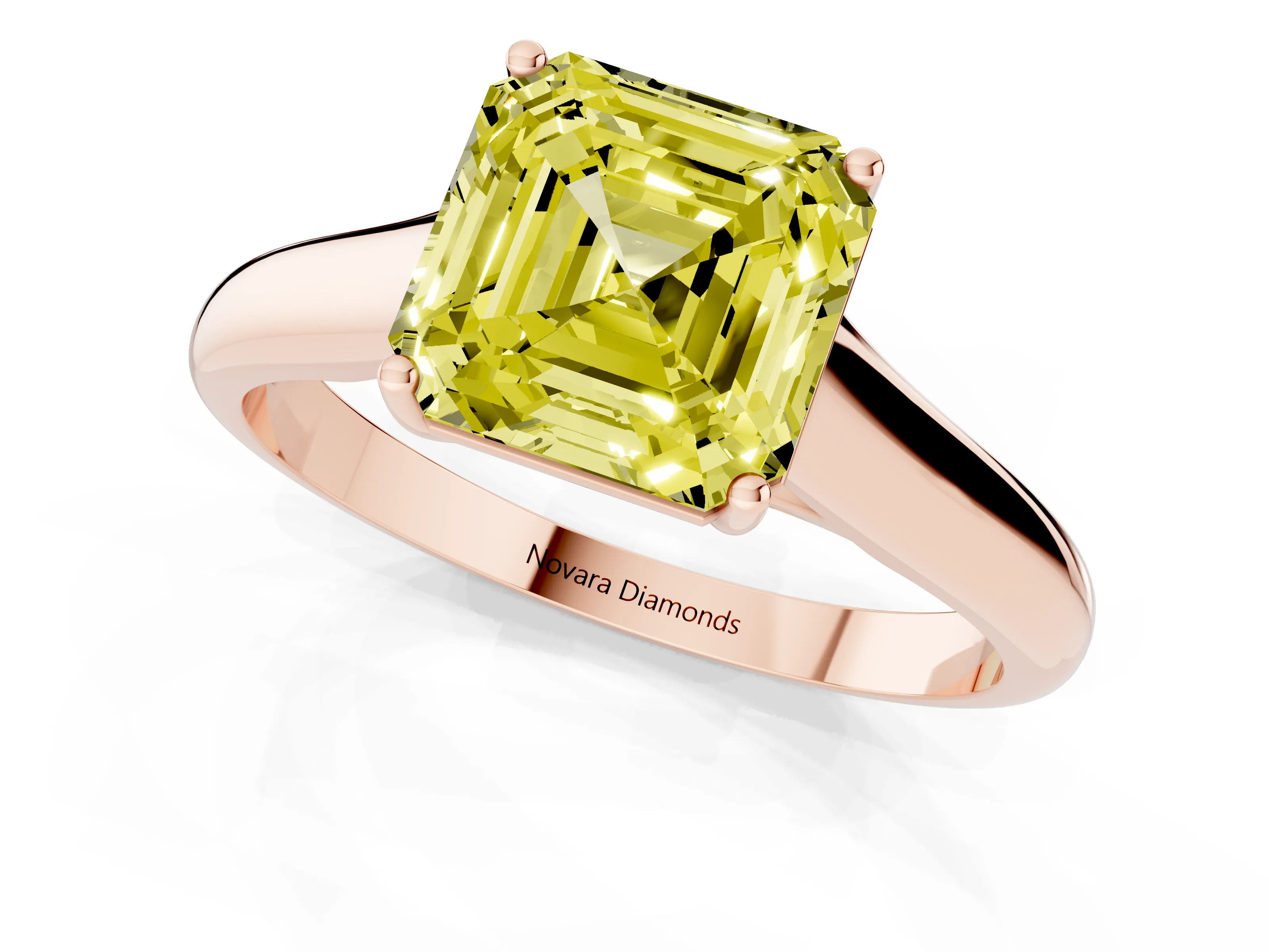 Fancy Yellow Asscher Cut Diamond Solitaire Engagement Ring Set in Rose gold with Subtly Tapered Band and Prong Setting