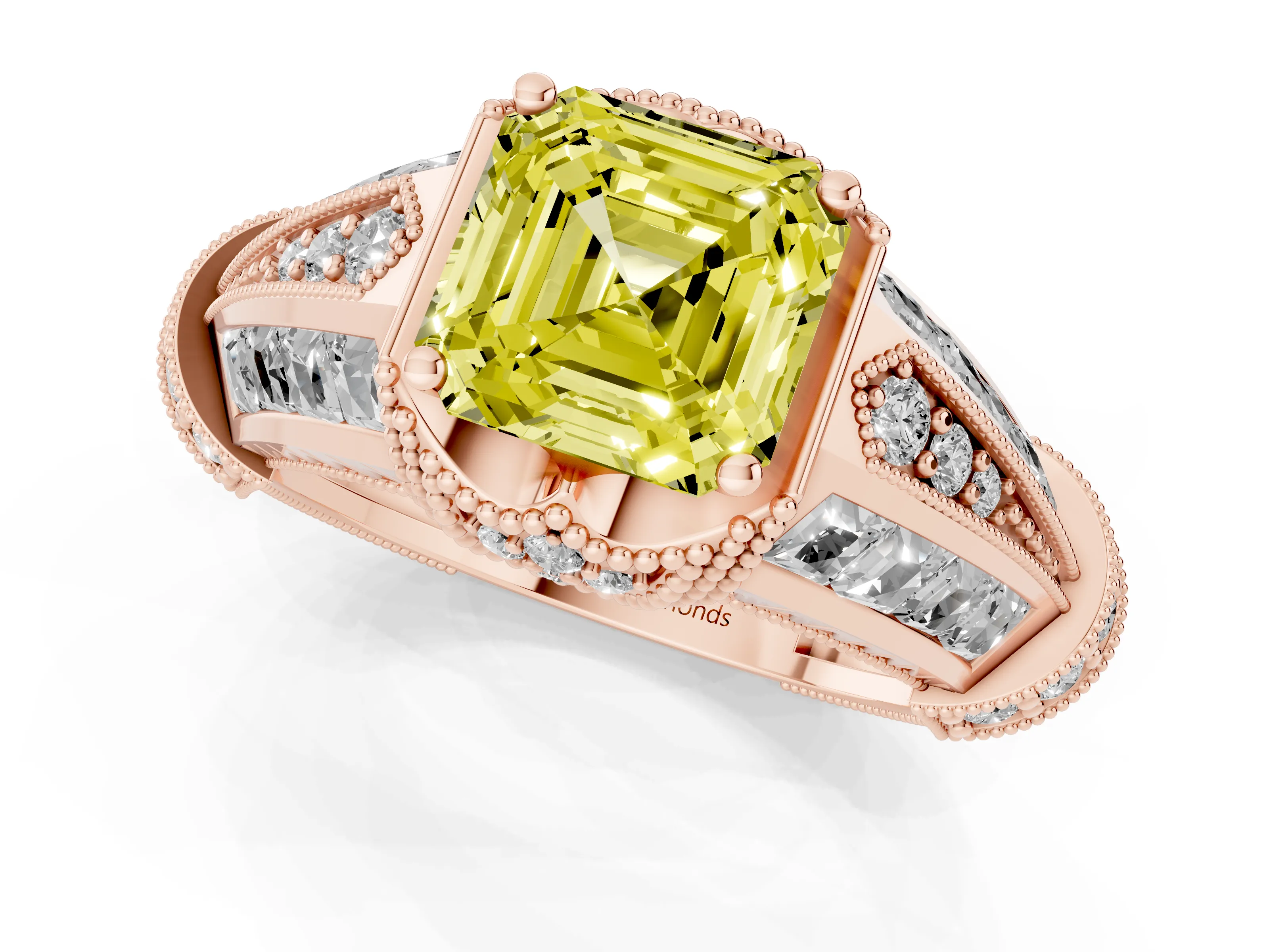 Fancy Yellow Asscher Cut Diamond Vintage-Inspired Milgrain Ring Set in Rose gold with Accent Split Shank