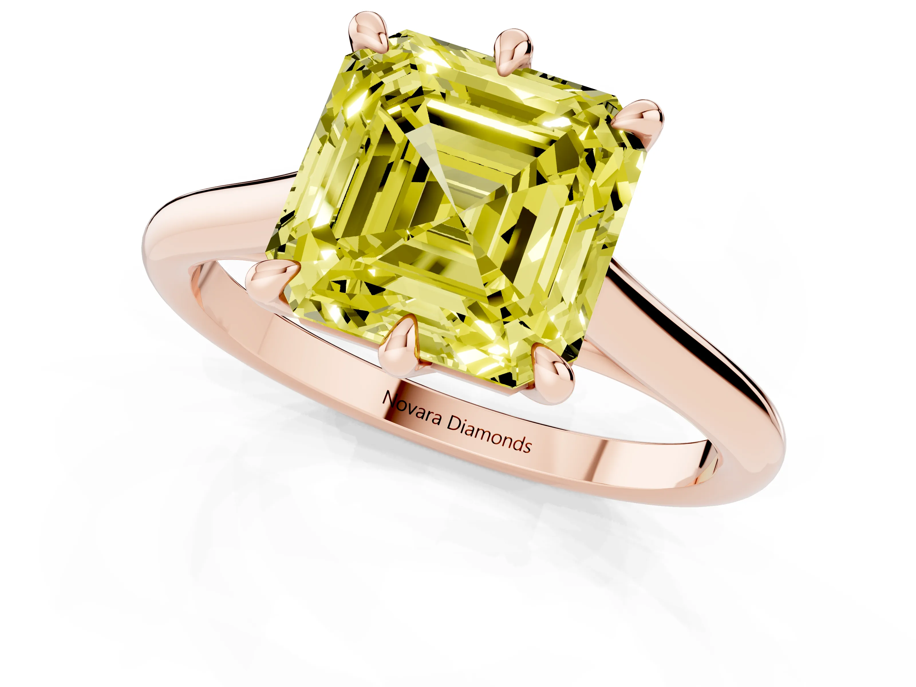 Fancy Yellow Asscher Cut Diamond Solitaire Engagement Ring Set in Rose gold with Prong Setting and Plain Classic Band