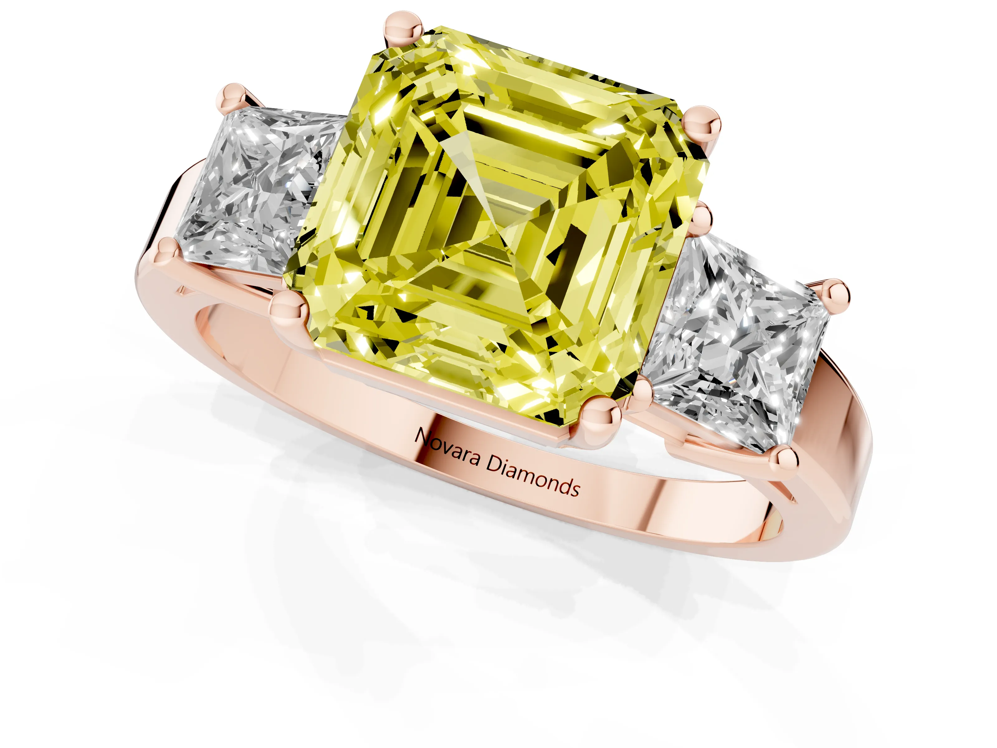 Fancy Yellow Three-Stone Asscher Cut Diamond Solitaire Ring Set in Rose gold with Prong Setting