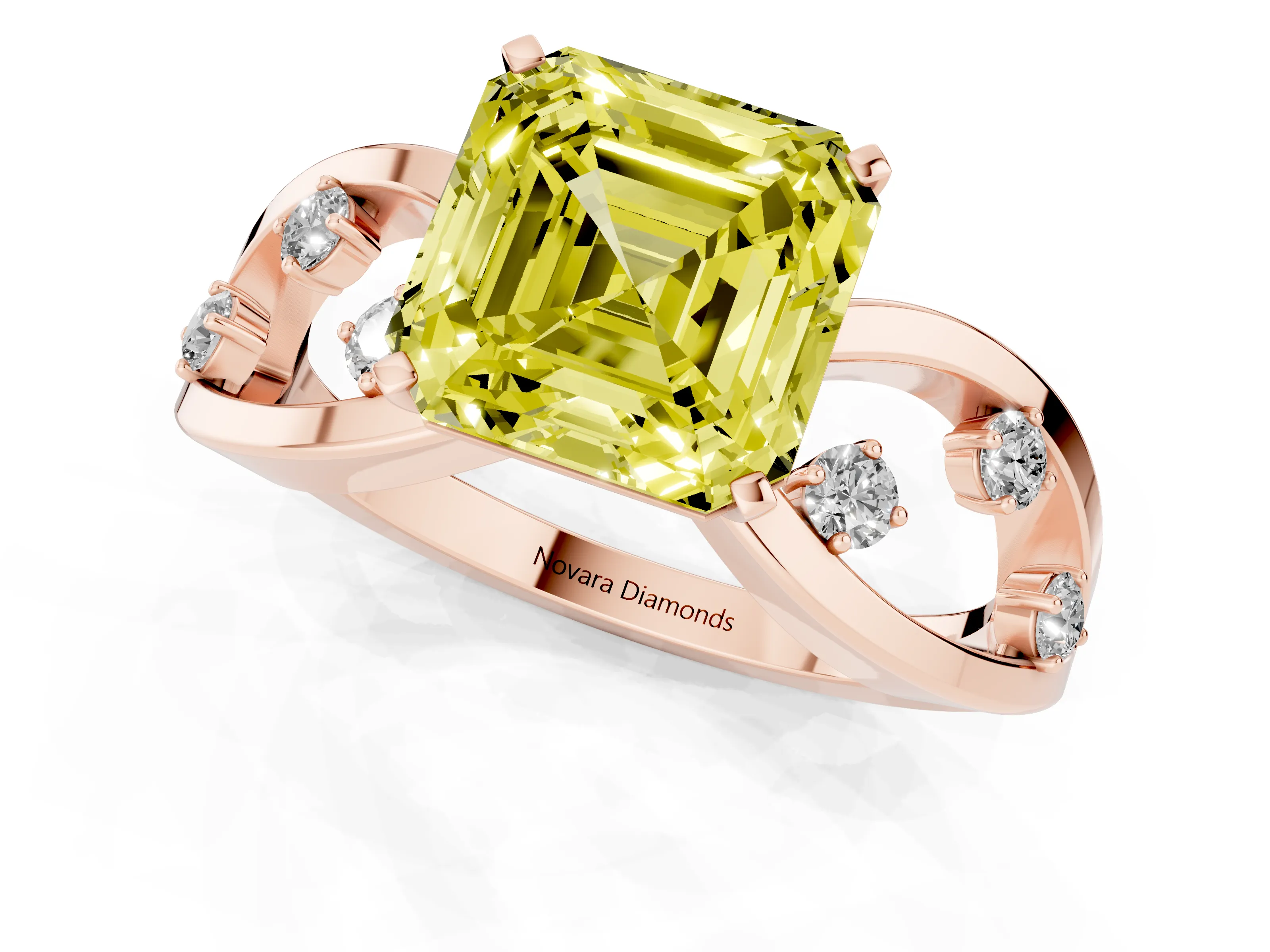 Fancy Yellow Asscher Cut Diamond Solitaire Ring Set in Rose gold with Side Stones on Criss-Cross Band and Prong Setting
