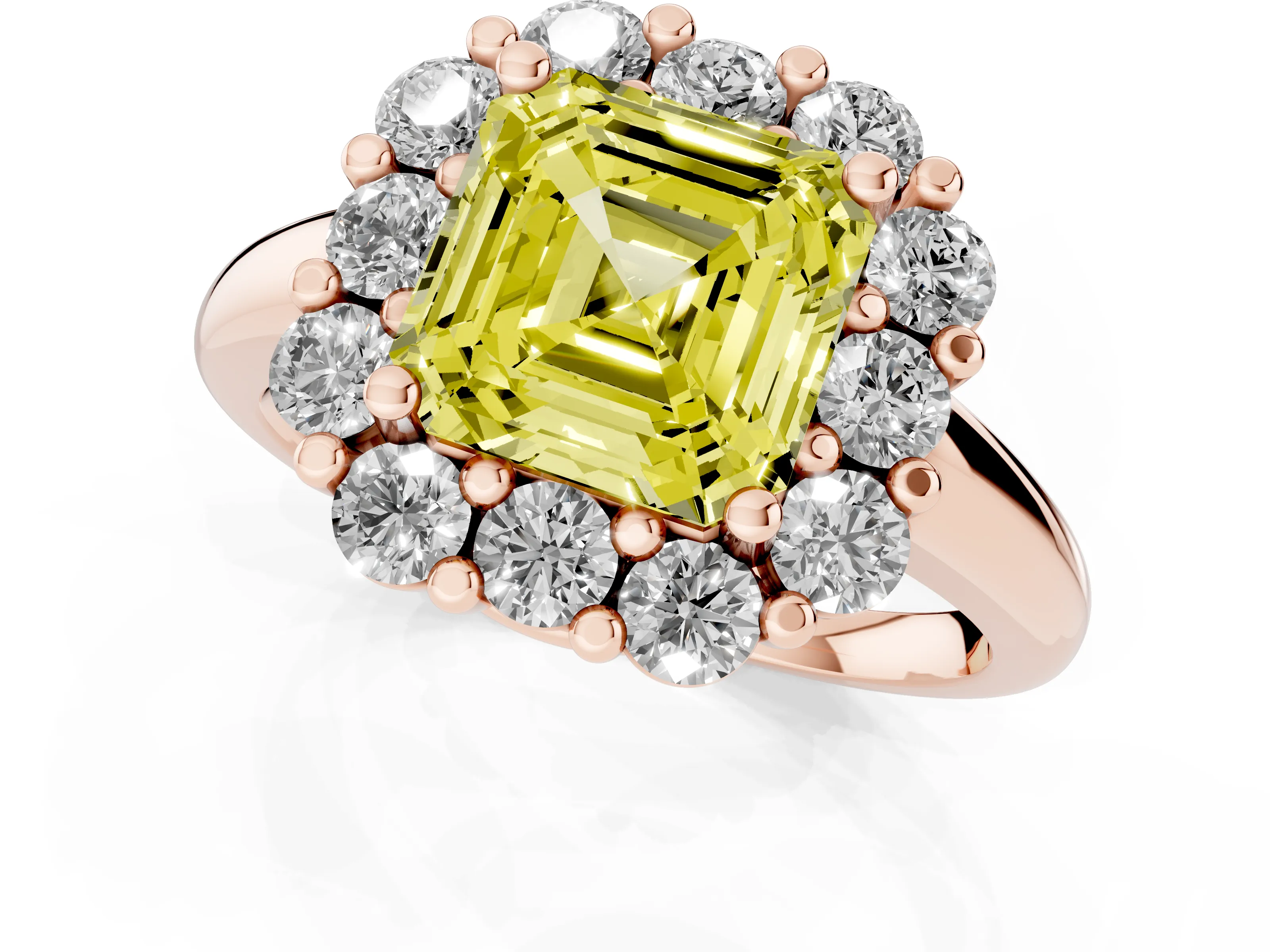 Fancy Yellow Asscher Cut Diamond Halo Cluster Engagement Ring Set in Rose gold with Polished Band and Prong Setting