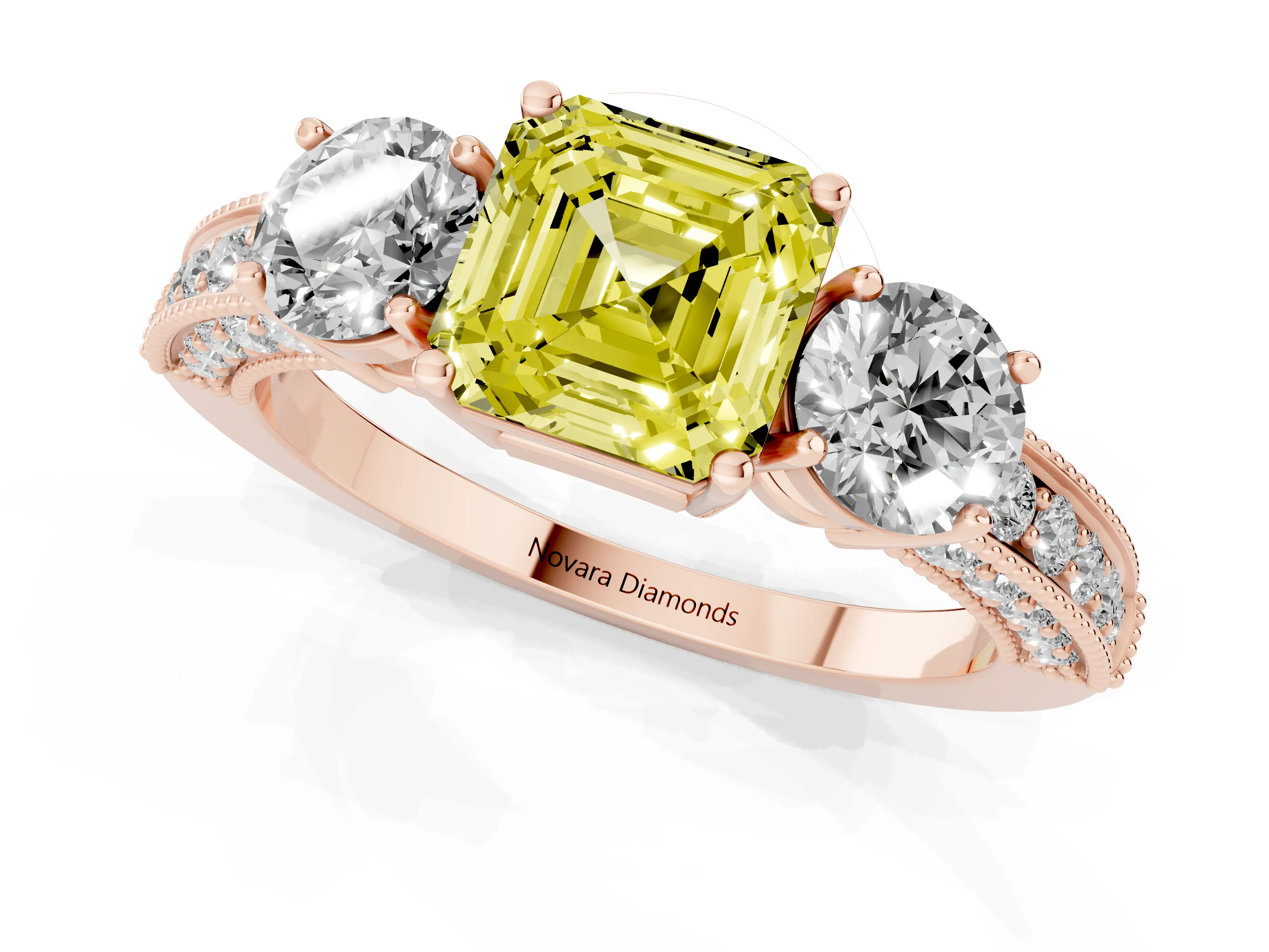 Fancy Yellow Asscher Cut Diamond Three-Stone Ring Set in Rose gold with Round Side Stones and Pavé Band
