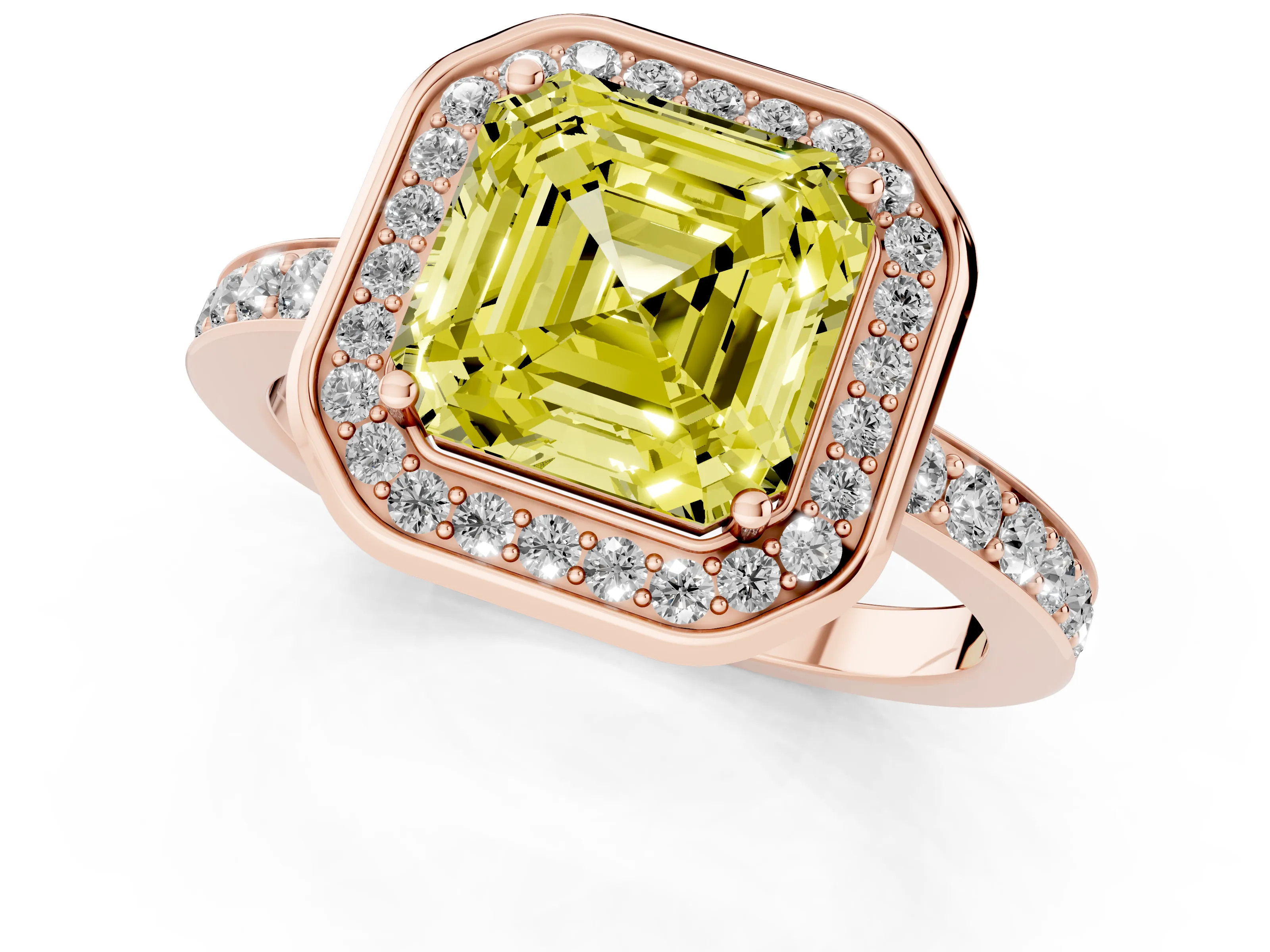Fancy Yellow Asscher Cut Diamond Halo Ring Set in Rose gold with Bezel Frame and Pavé Band