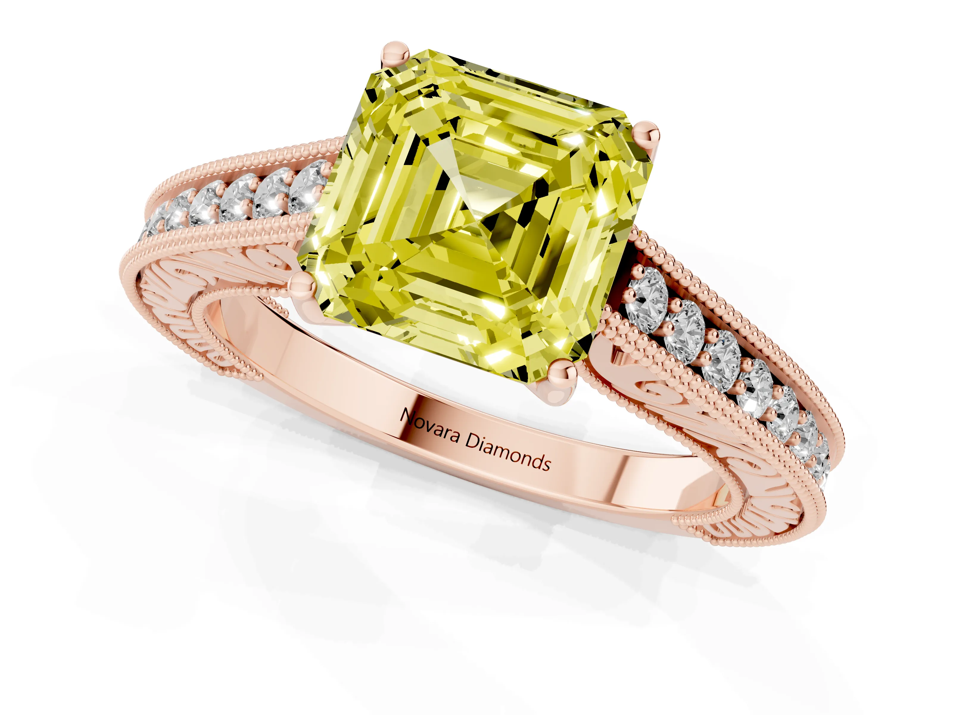 Fancy Yellow Asscher Cut Diamond Milgrain Pavé Band Solitaire Ring Set in Rose gold with Prong Setting