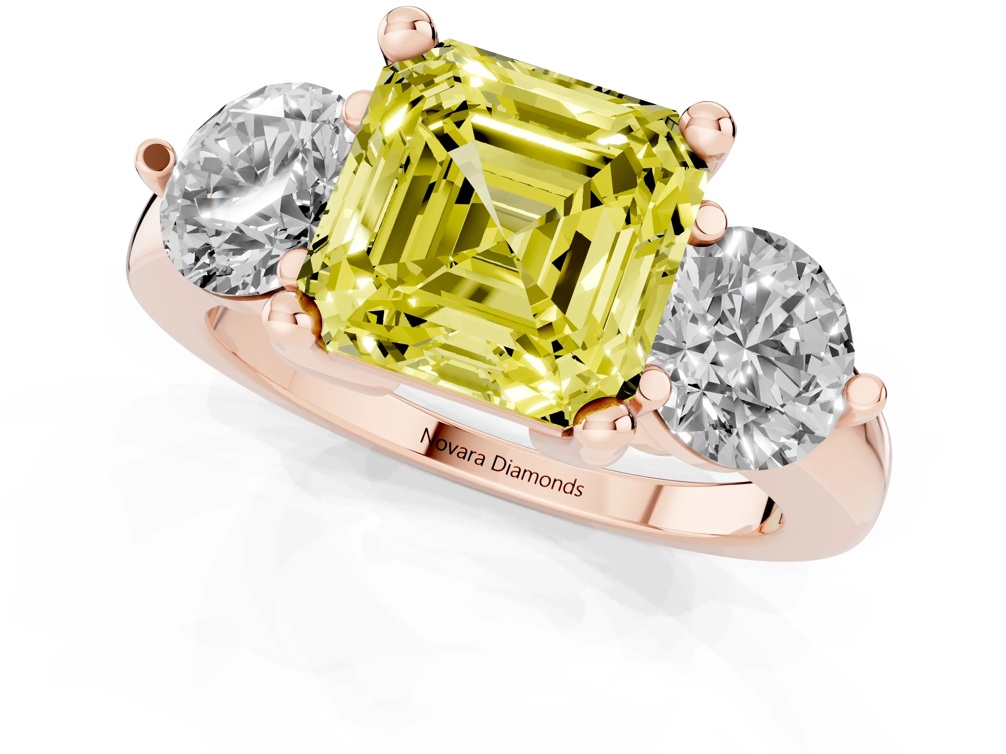 Fancy Yellow Asscher Cut Diamond Three-Stone Ring Set in Rose gold with Prong Setting and Classic Band