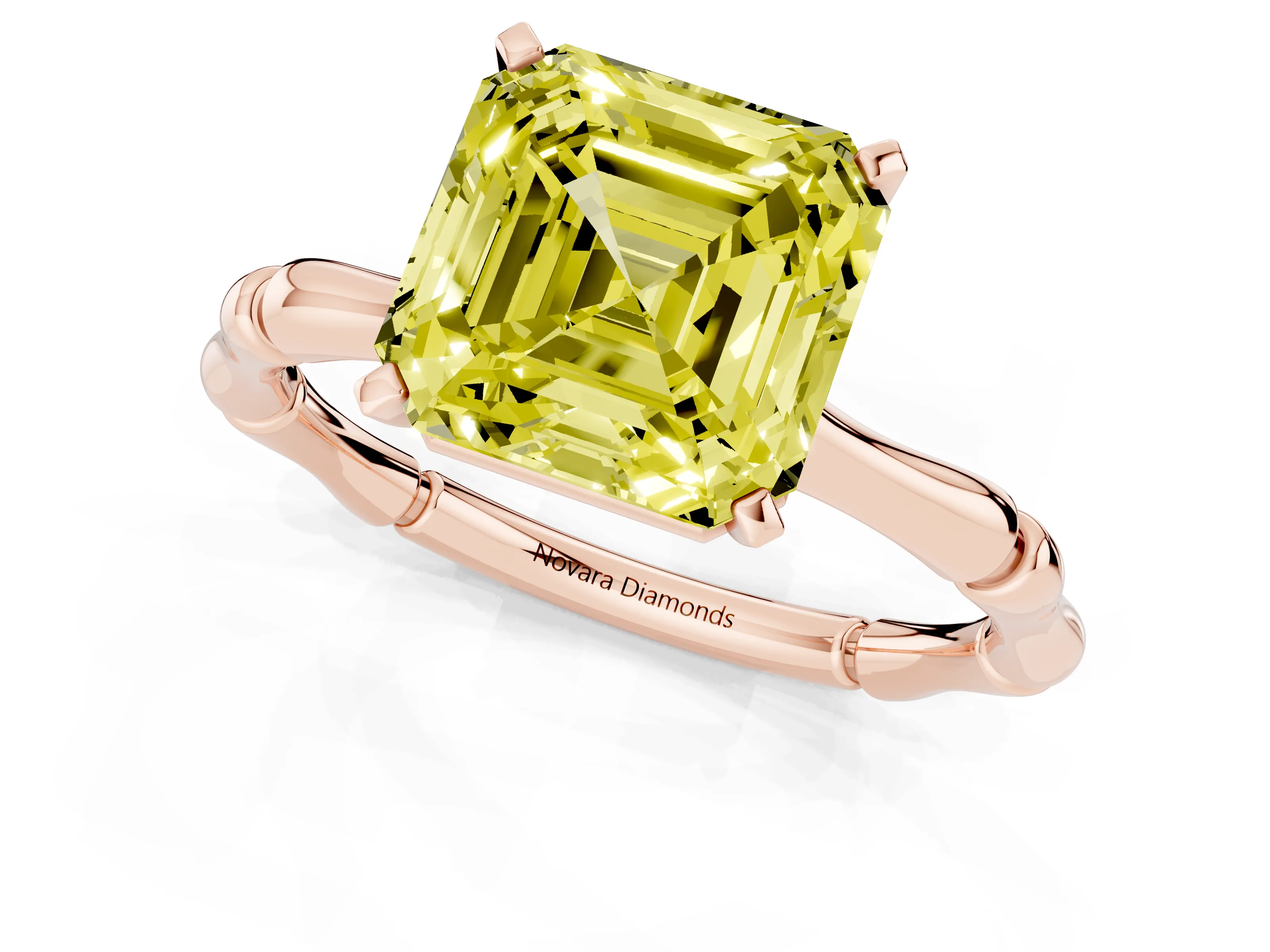 Fancy Yellow Asscher Cut Diamond Solitaire Ring Set in Rose gold with Bamboo Band and Prong Setting