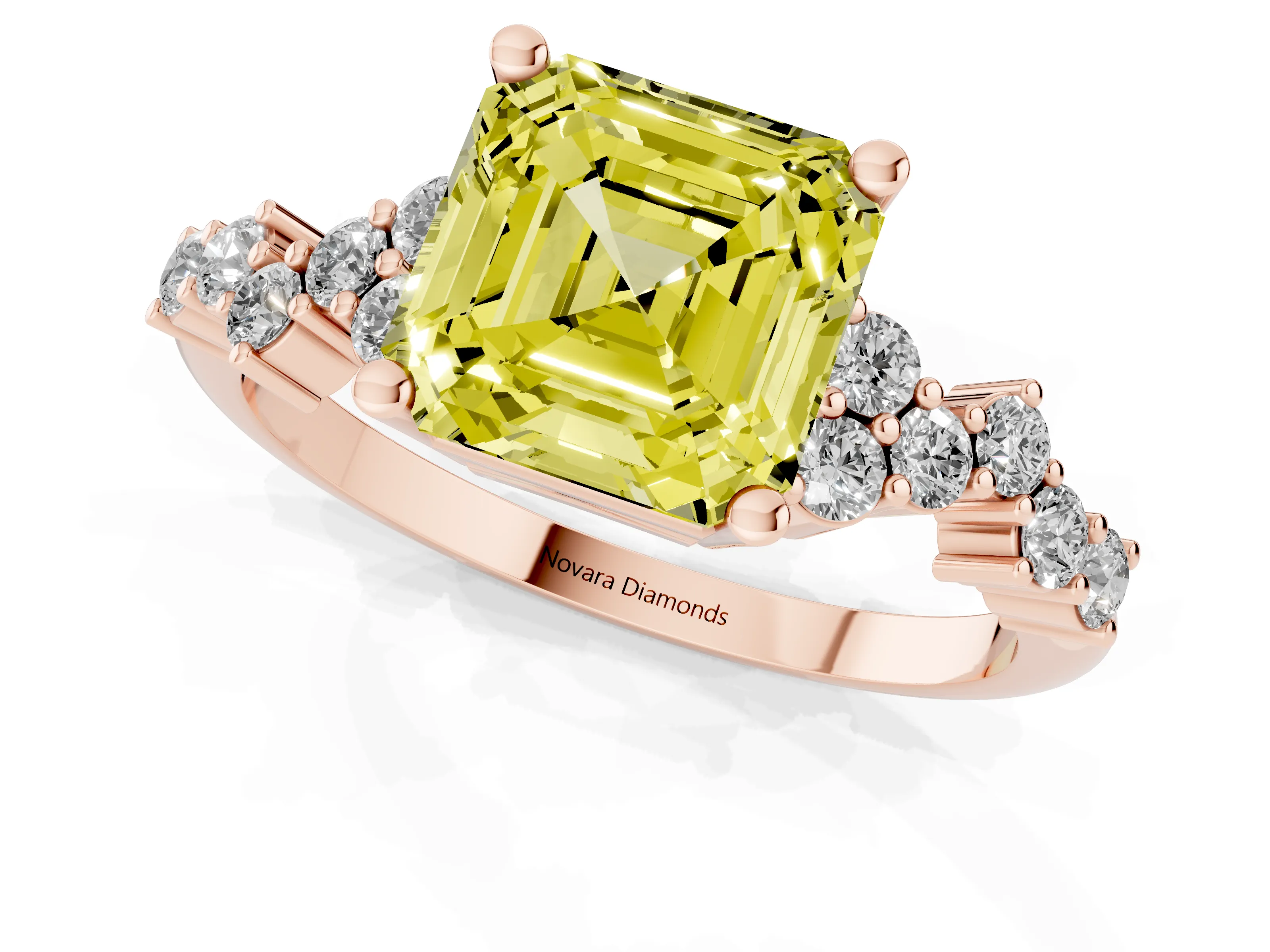 Fancy Yellow Asscher Cut Diamond Ring Set in Rose gold with Scattered Round Accents