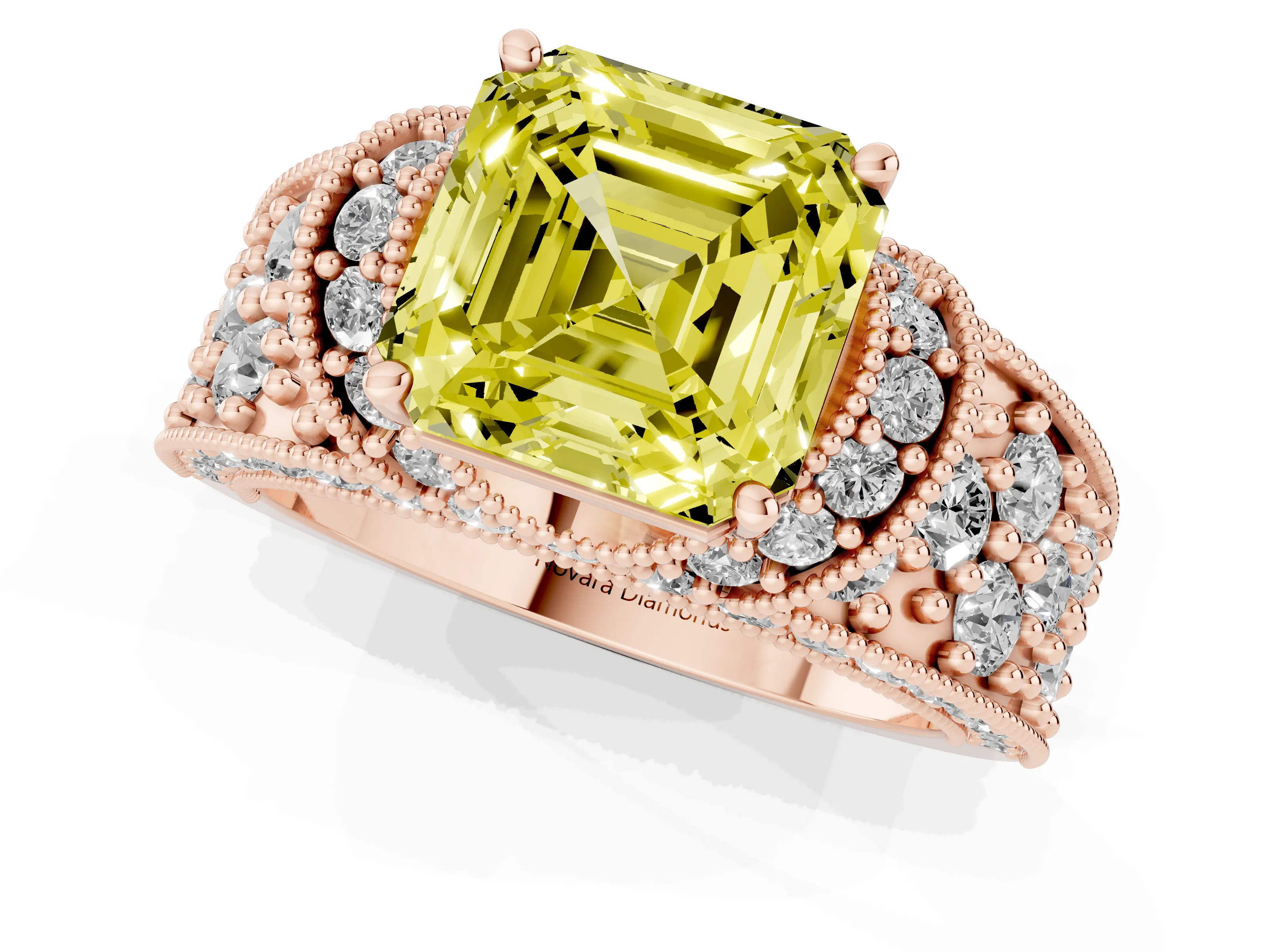 Fancy Yellow Asscher Cut Diamond Milgrain Halo Pavé Engagement Ring Set in Rose gold with Prong Setting
