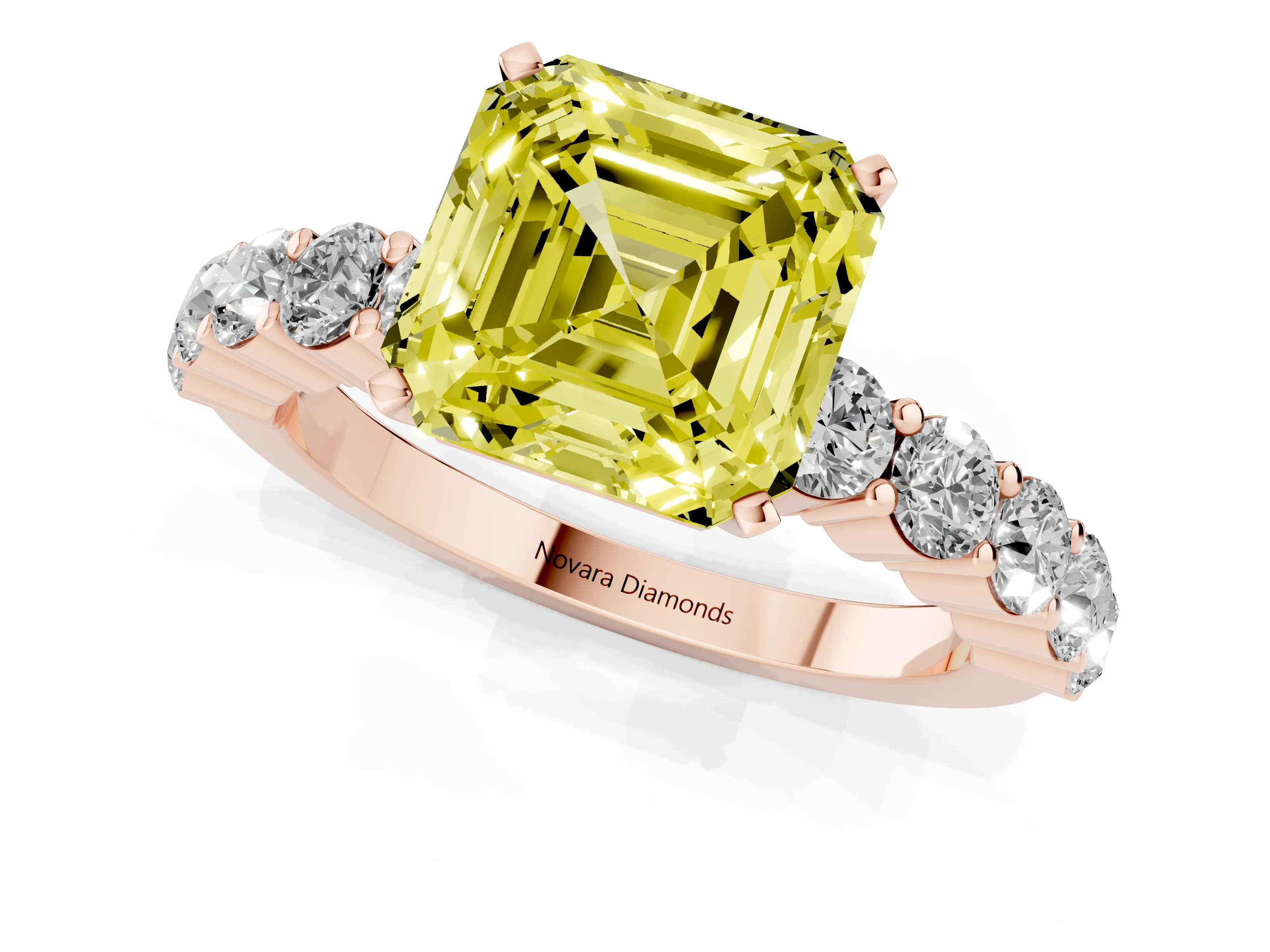 Fancy Yellow Asscher Cut Diamond Solitaire Ring Set in Rose gold with Shared Prong Round Side Stones