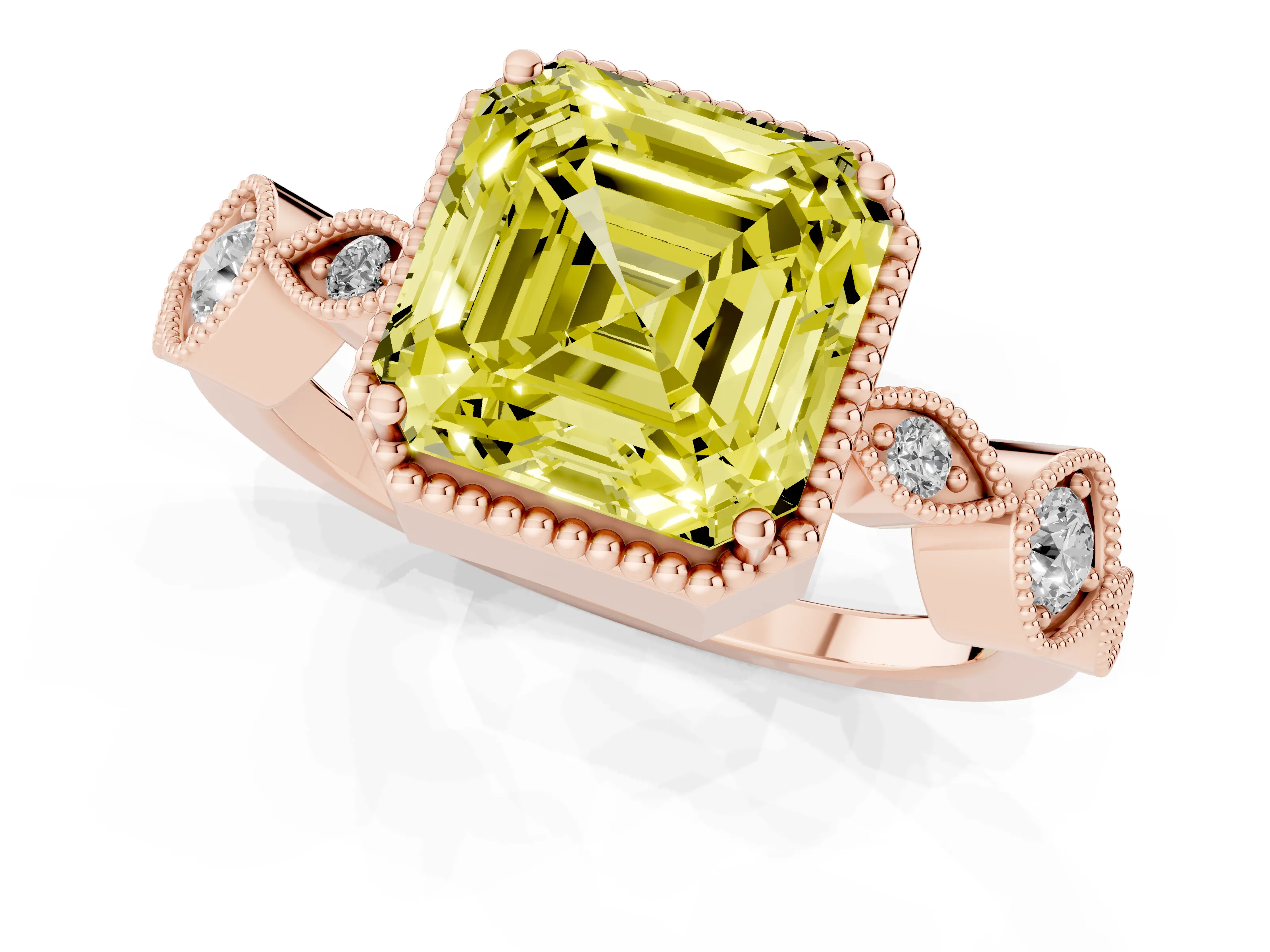 Fancy Yellow Asscher Cut Diamond Vintage-Inspired Milgrain Ring Set in Rose gold with Marquise Stations of Round Accents