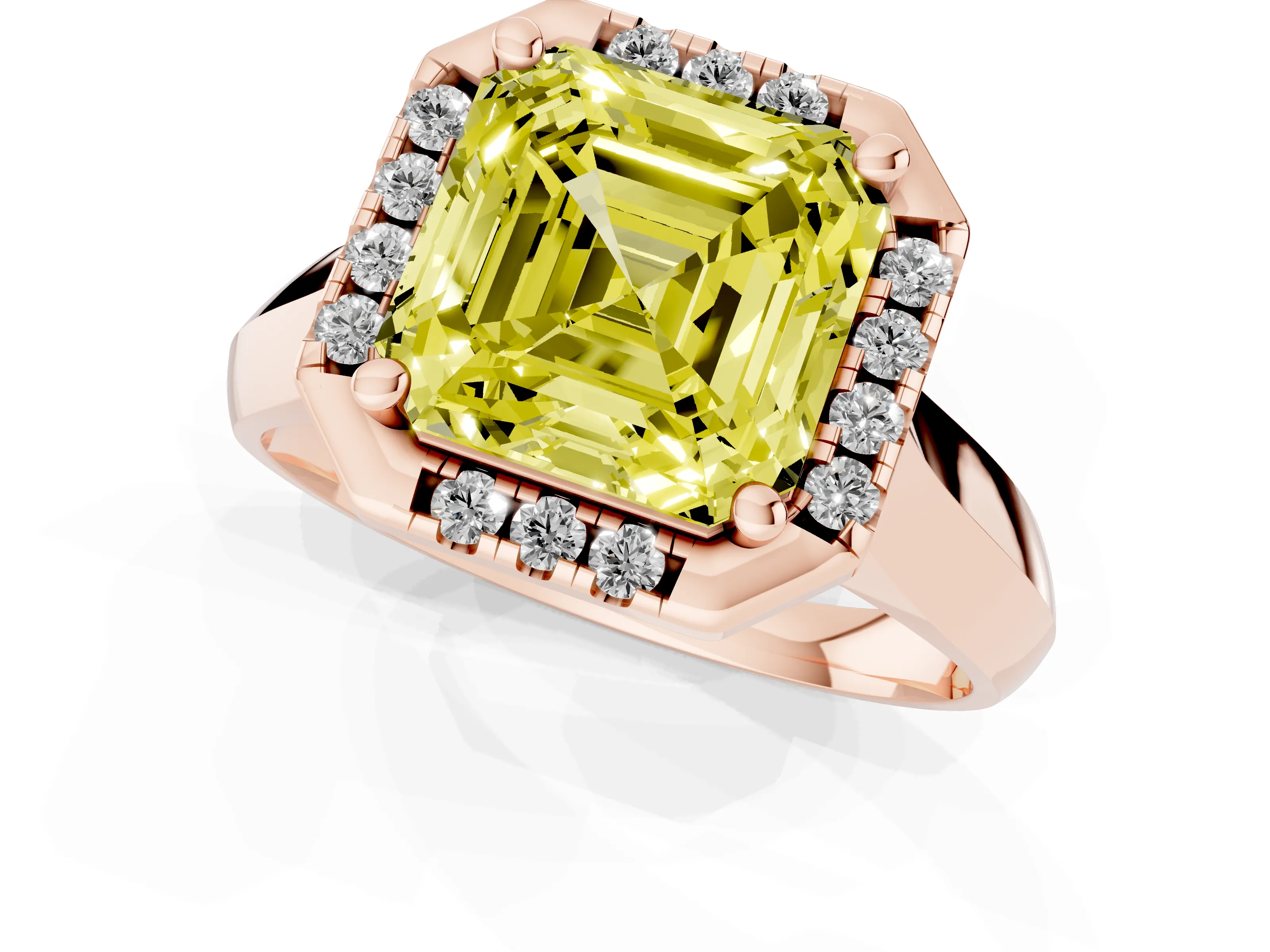 Fancy Yellow Asscher Cut Diamond Halo Solitaire Engagement Ring Set in Rose gold with Square Band and Prong Setting