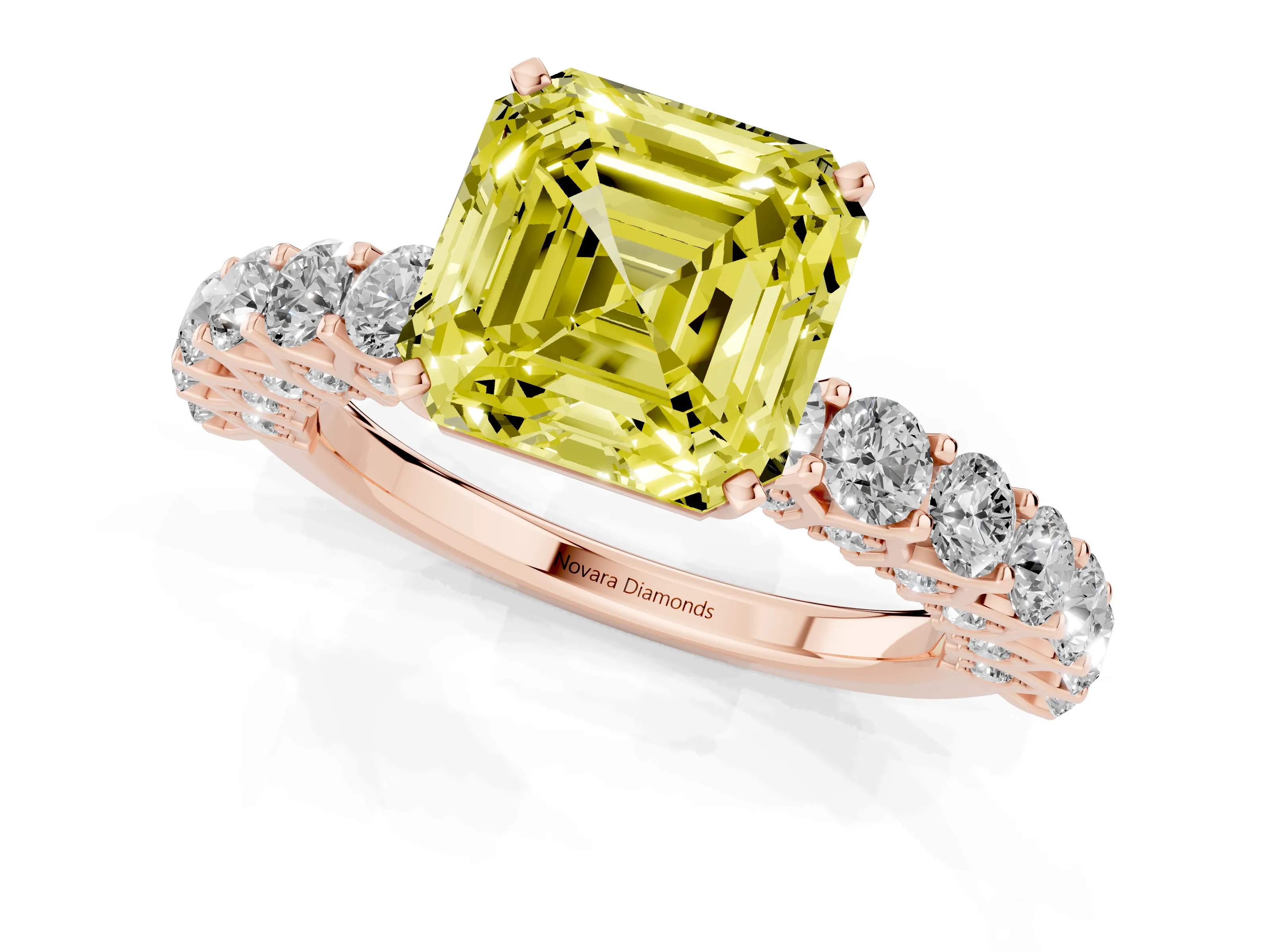 Fancy Yellow Asscher Cut Diamond Solitaire Ring Set in Rose gold with Shared Prong Pavé Band