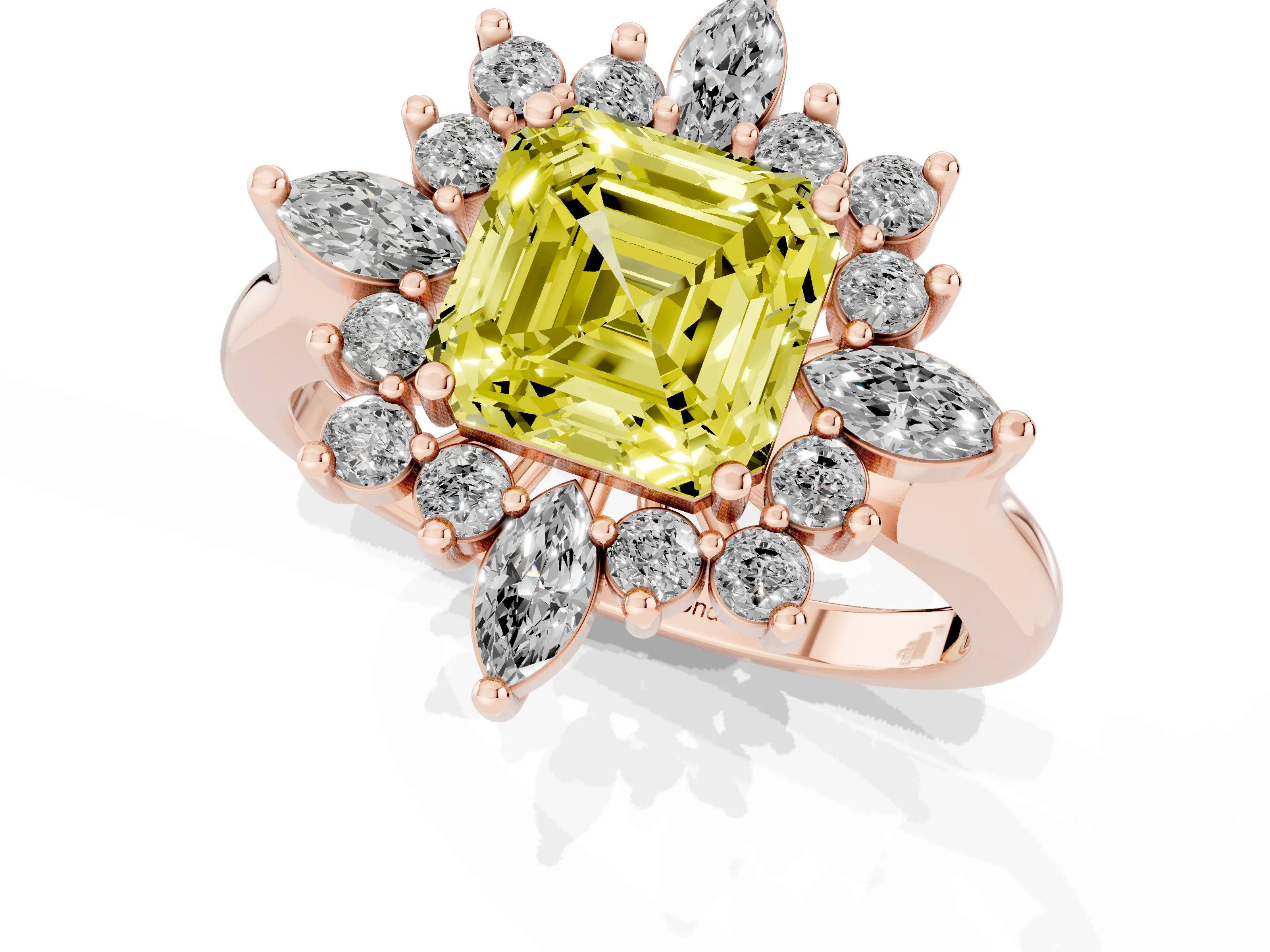 Fancy Yellow Asscher Cut Diamond Cluster Halo Ring Set in Rose gold with Marquise and Round Accents