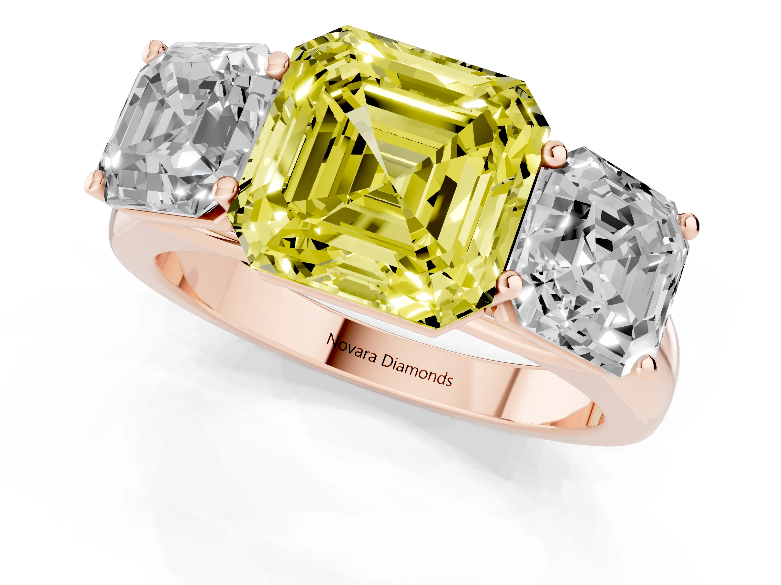 Fancy Yellow Asscher Cut Diamond Three-Stone Ring Set in Rose gold with Plain Polished Band