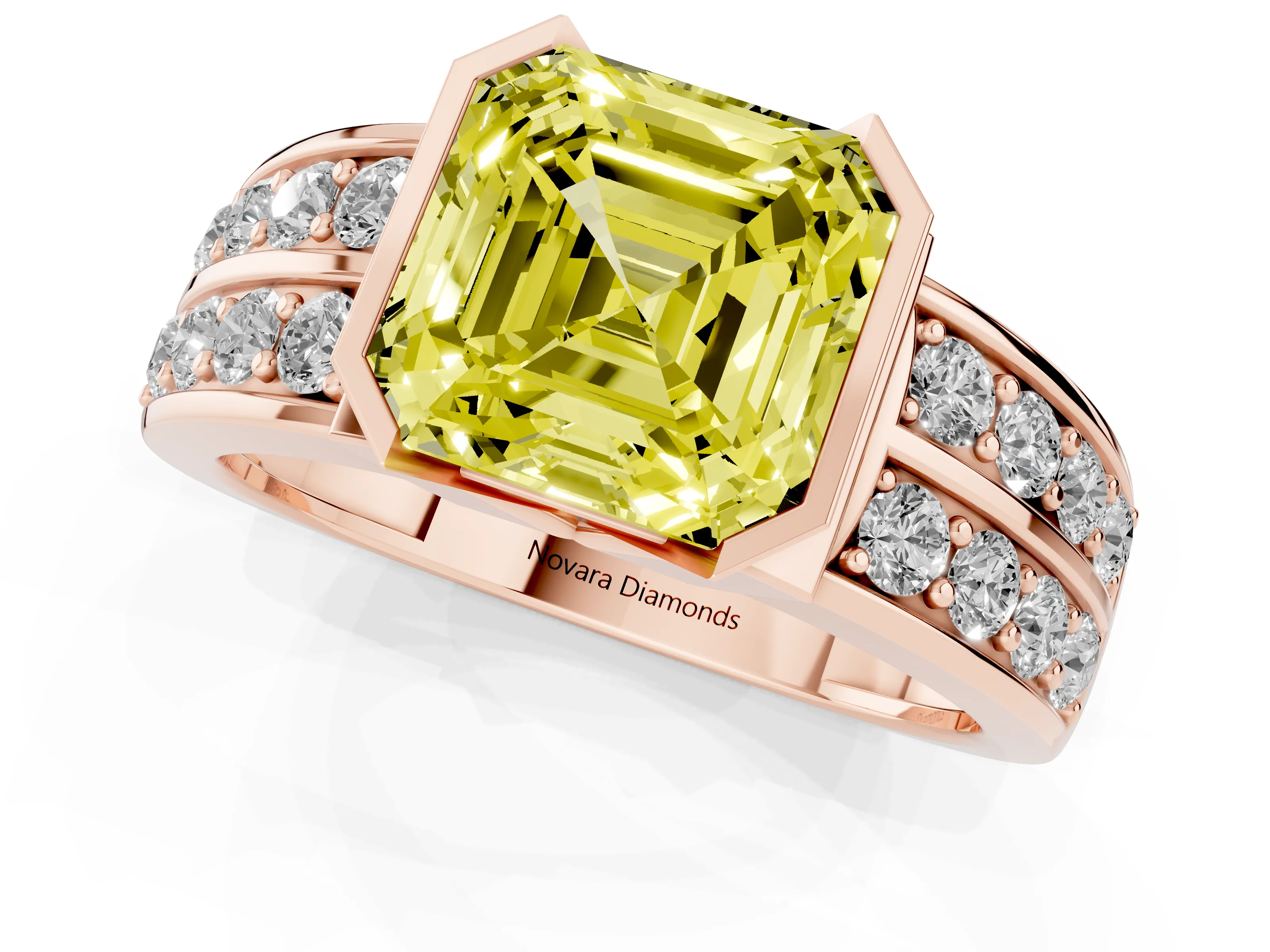 Fancy Yellow Asscher Cut Diamond Wide Channel Set Band Ring Set in Rose gold with Bezel Setting