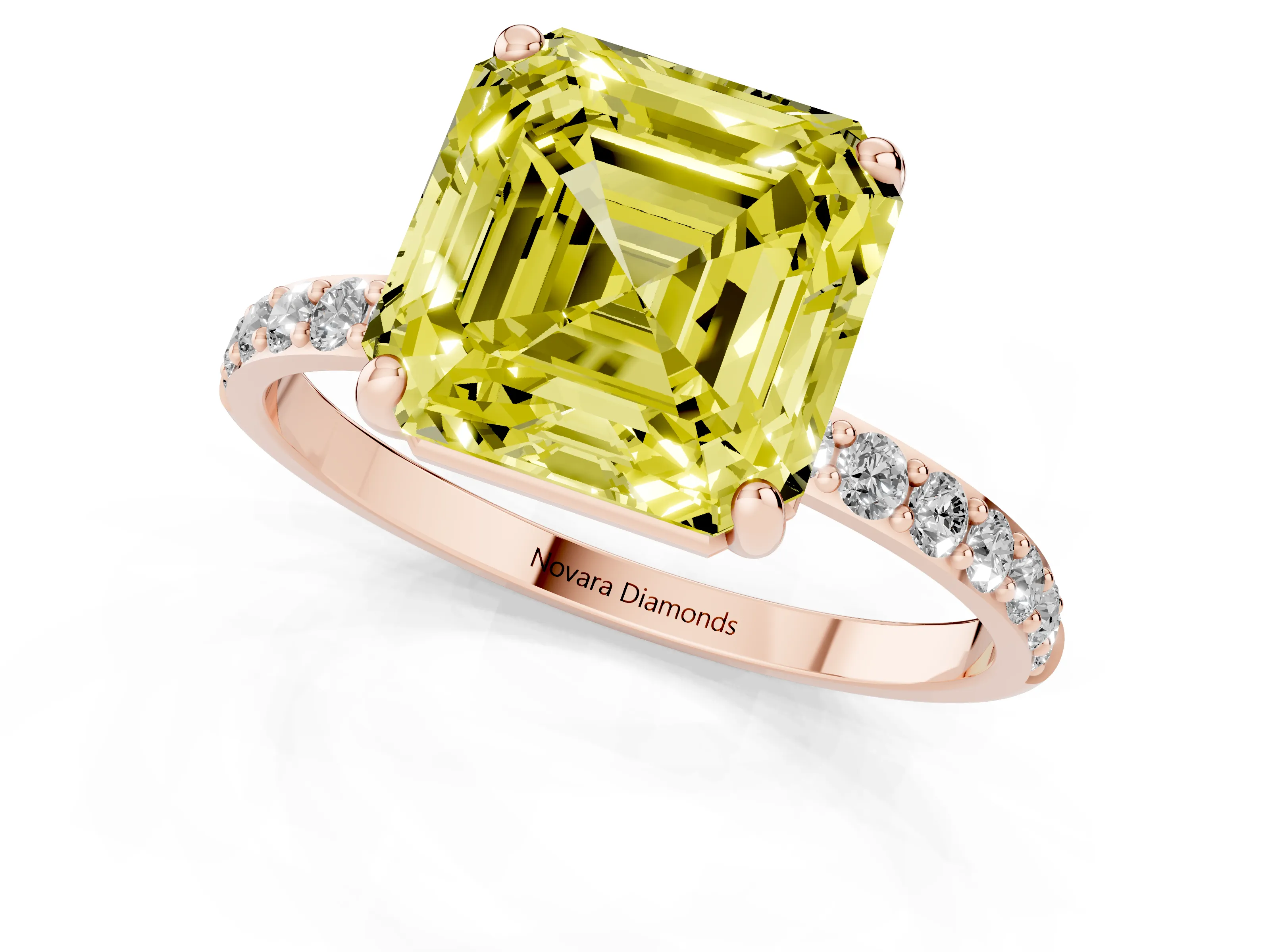 Fancy Yellow Asscher Cut Diamond Solitaire Ring Set in Rose gold with Round Pavé Band and Prong Setting