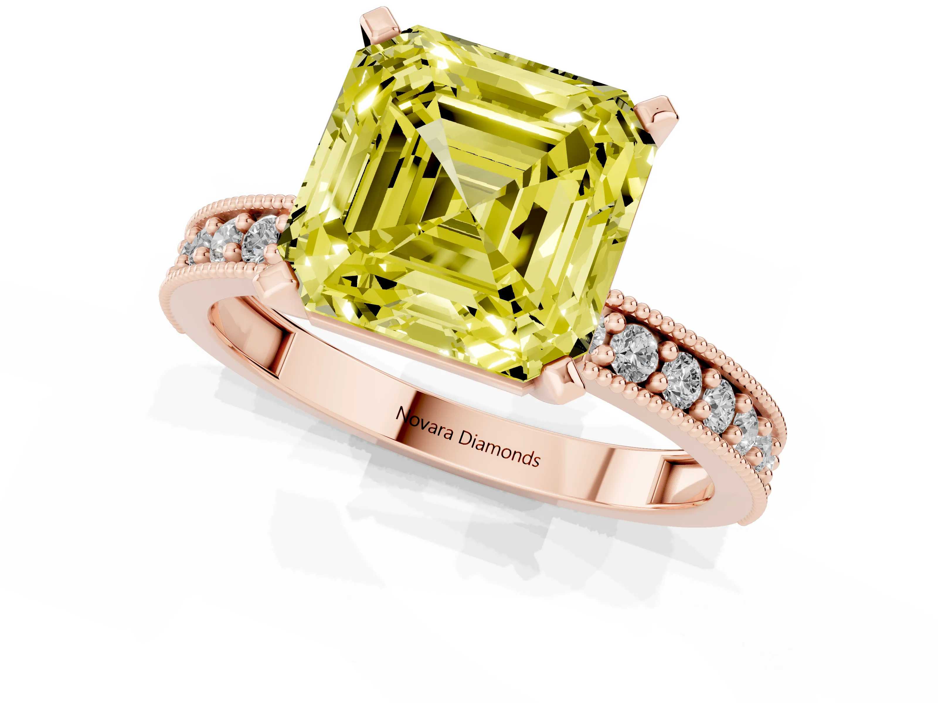 Fancy Yellow Asscher Cut Diamond Milgrain Pavé Engagement Ring Set in Rose gold with Prong Setting