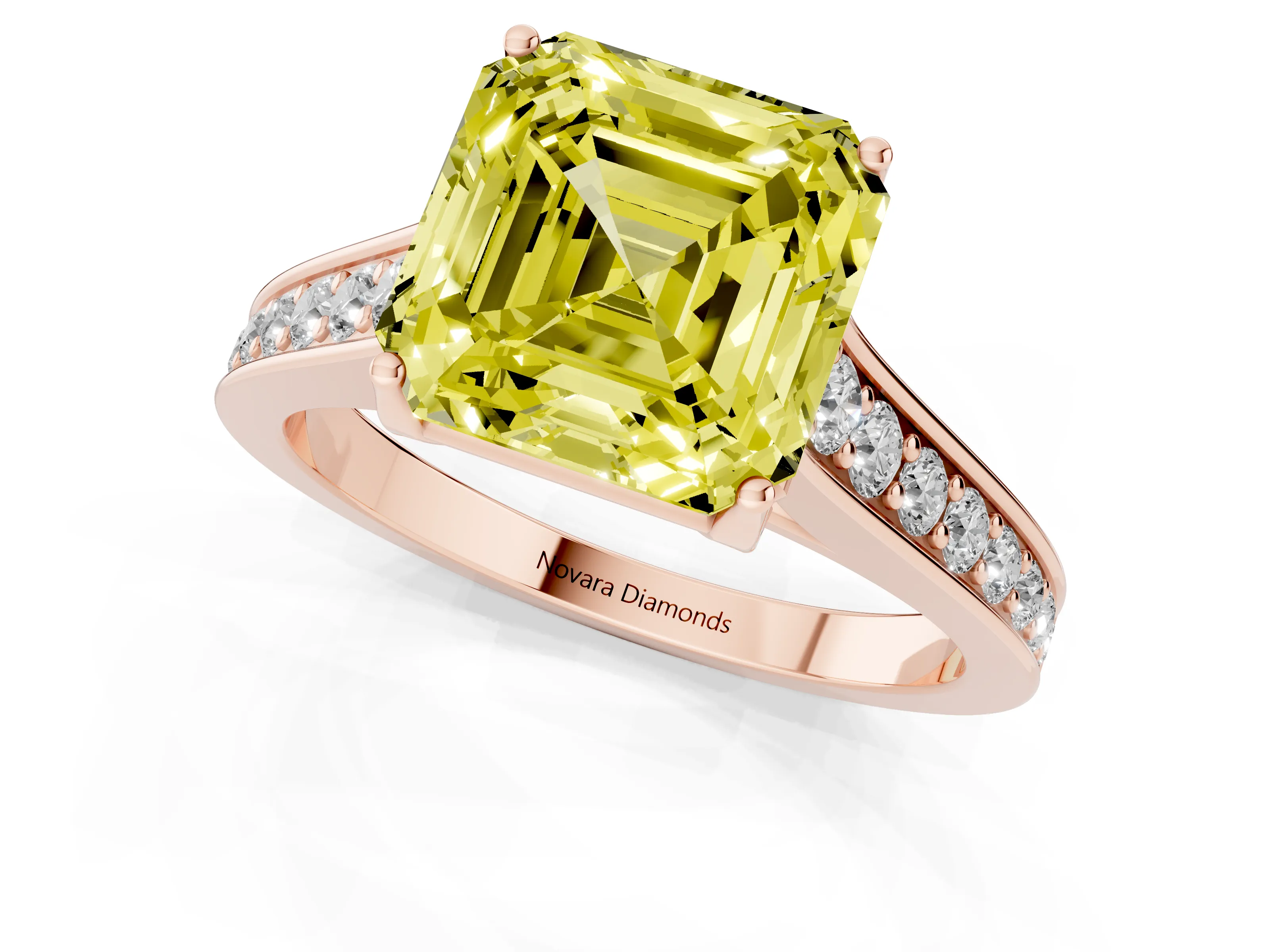 Fancy Yellow Asscher Cut Diamond Solitaire Pavé Engagement Ring Set in Rose gold with Prong Setting