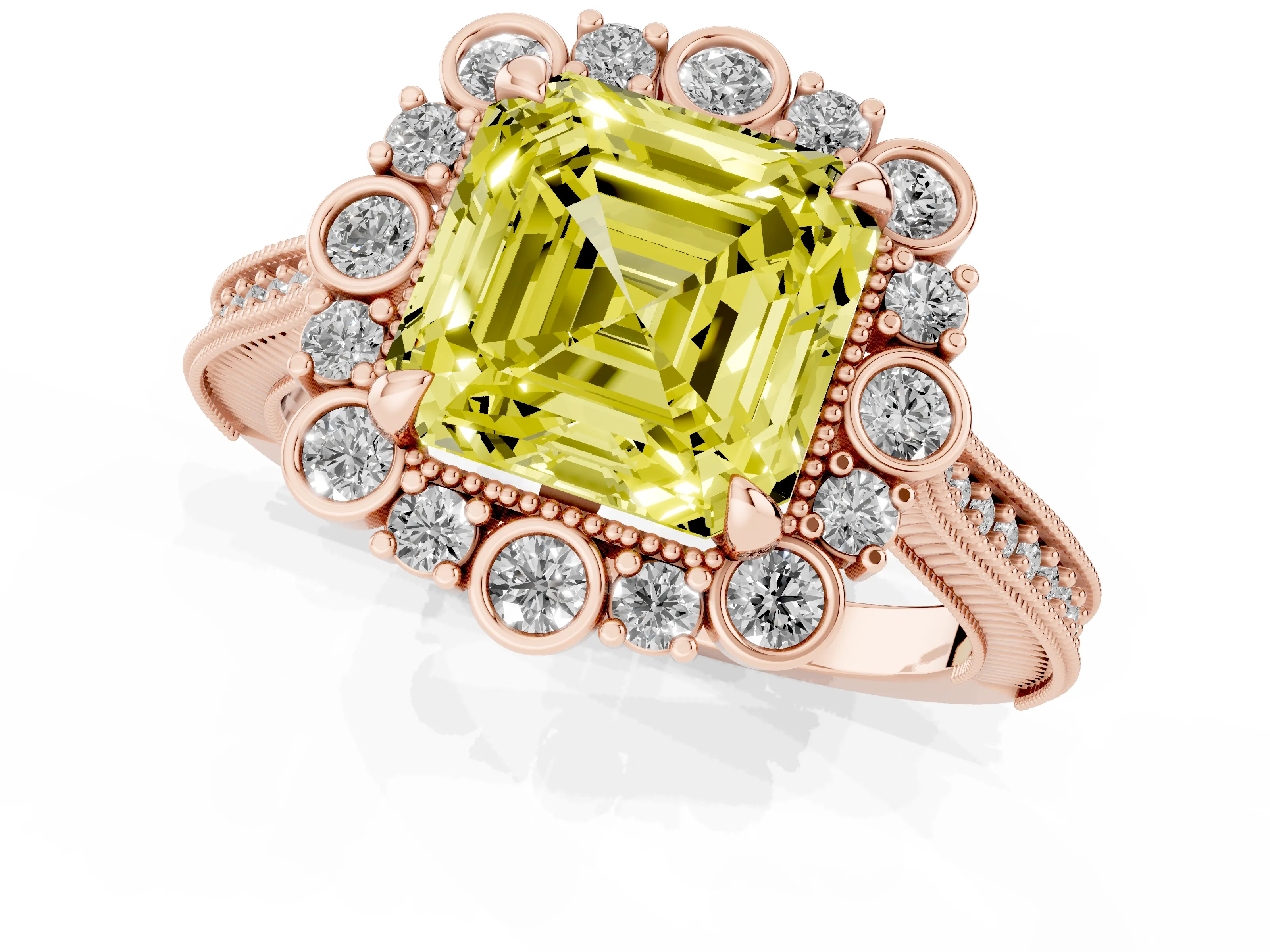 Fancy Yellow Asscher Cut Diamond Halo Milgrain Pavé Ring Set in Rose gold with Prong Setting