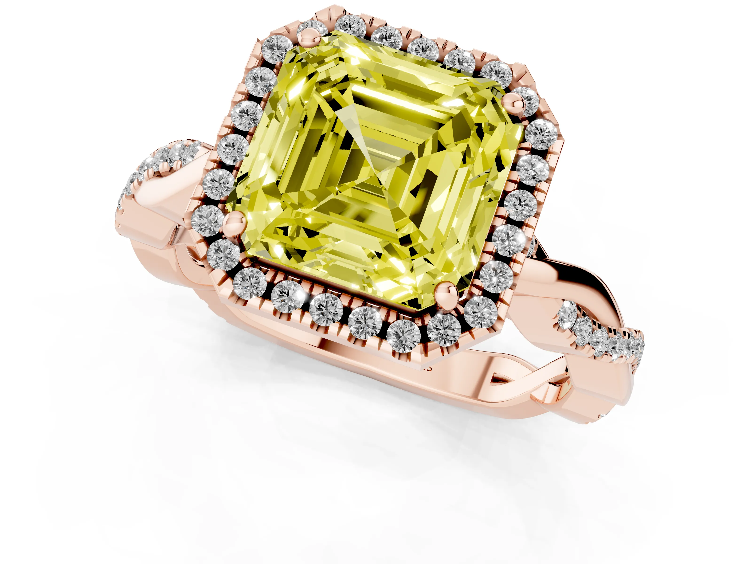 Fancy Yellow Asscher Cut Diamond Halo Twisted Band Ring Set in Rose gold with Prong Setting