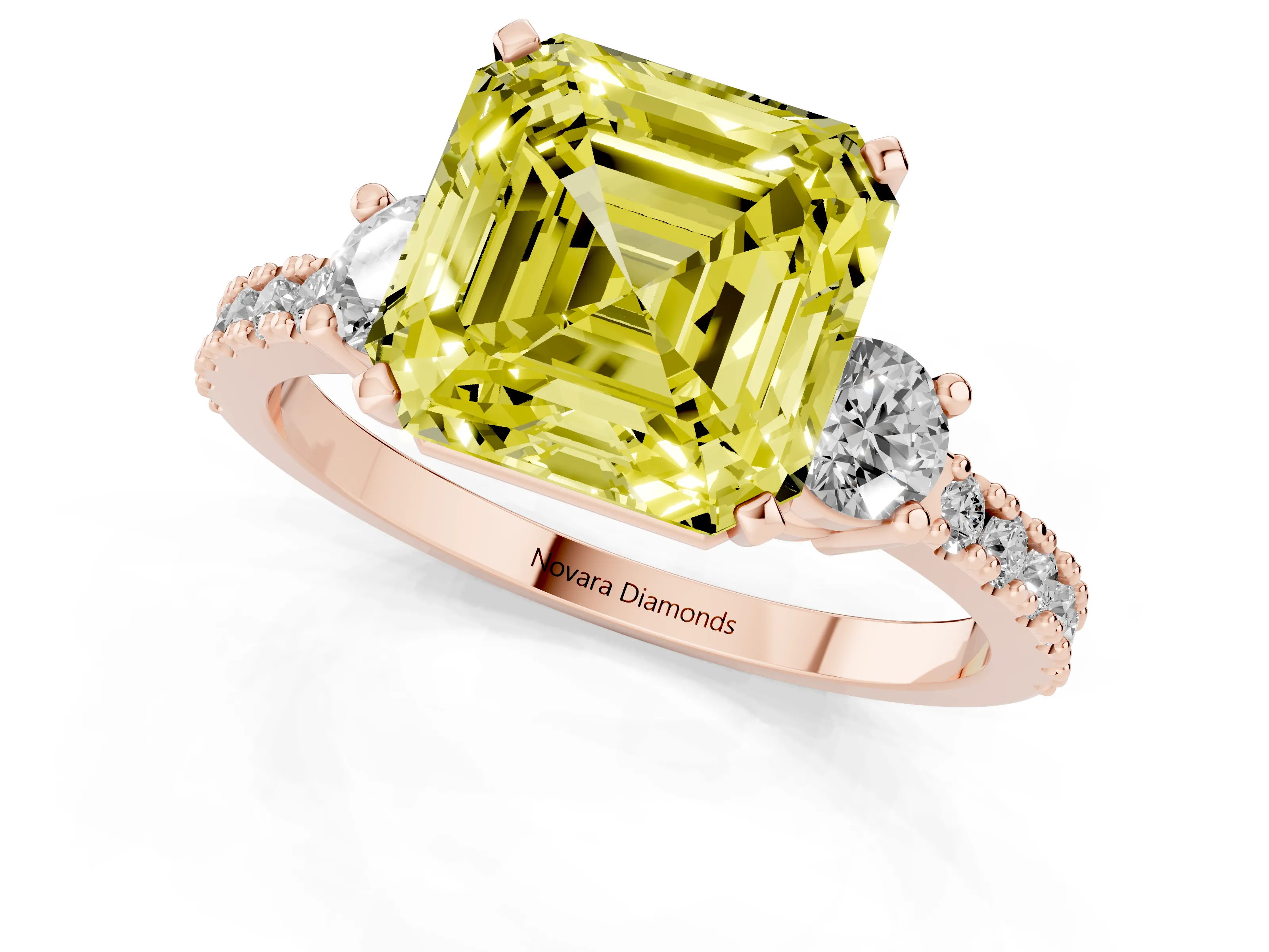 Fancy Yellow Three-Stone Asscher Cut Diamond Pavé Band Ring Set in Rose gold with Prong Setting