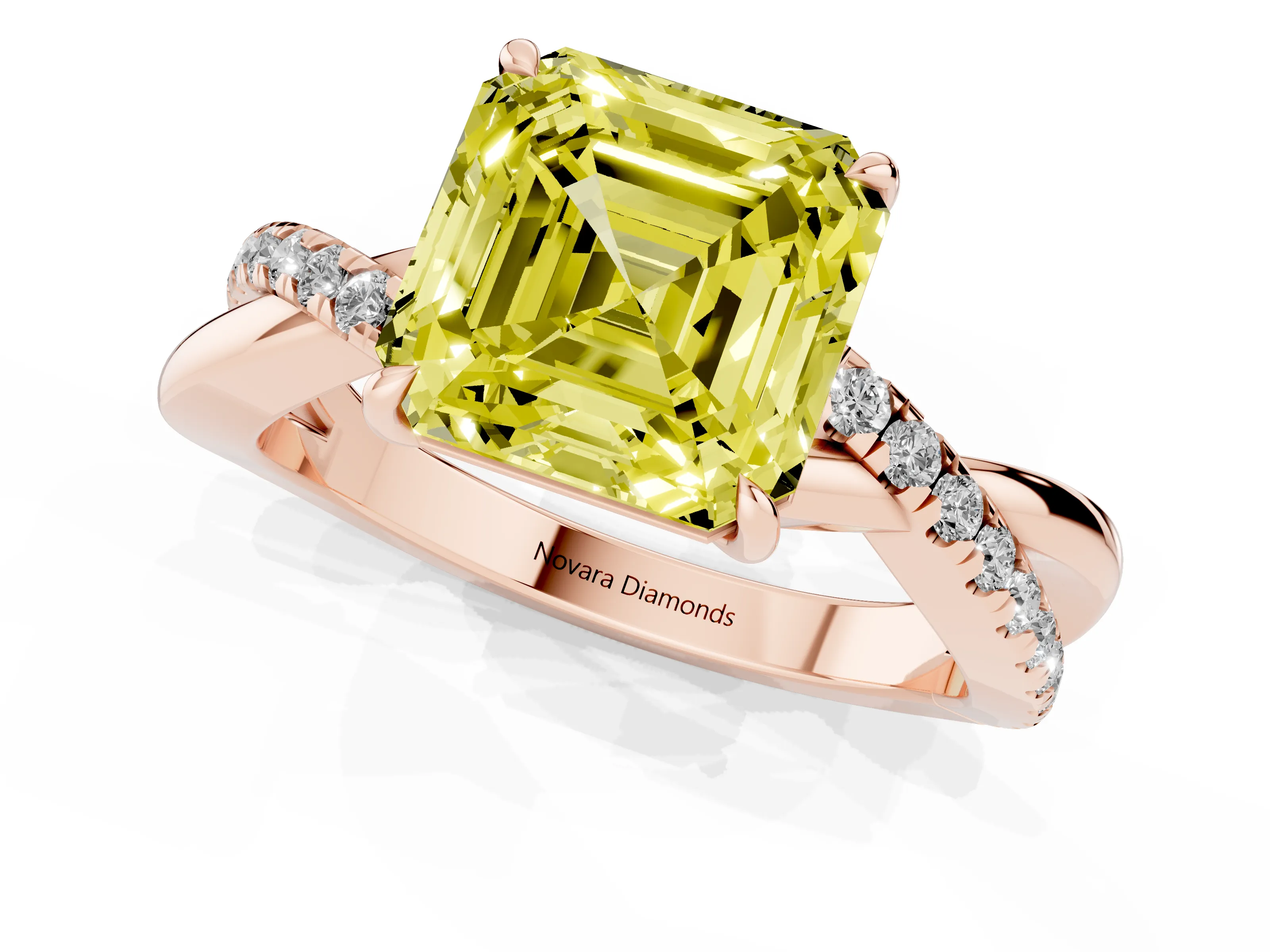 Fancy Yellow Asscher Cut Diamond Twisted Pavé Band Ring Set in Rose gold with Prong Setting