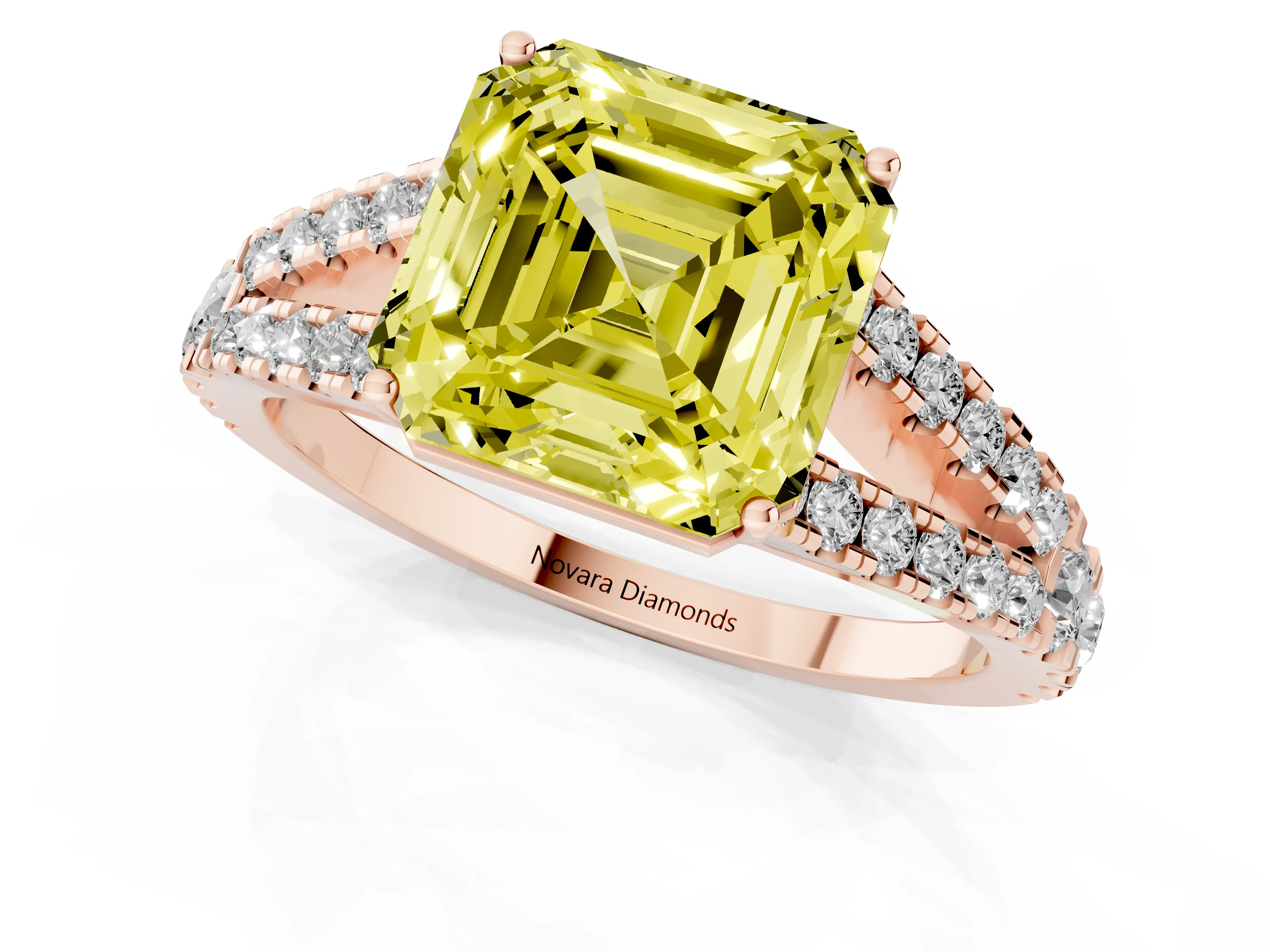 Fancy Yellow Asscher Cut Diamond Split Shank Pavé Engagement Ring Set in Rose gold with Prong-Held Center Stone