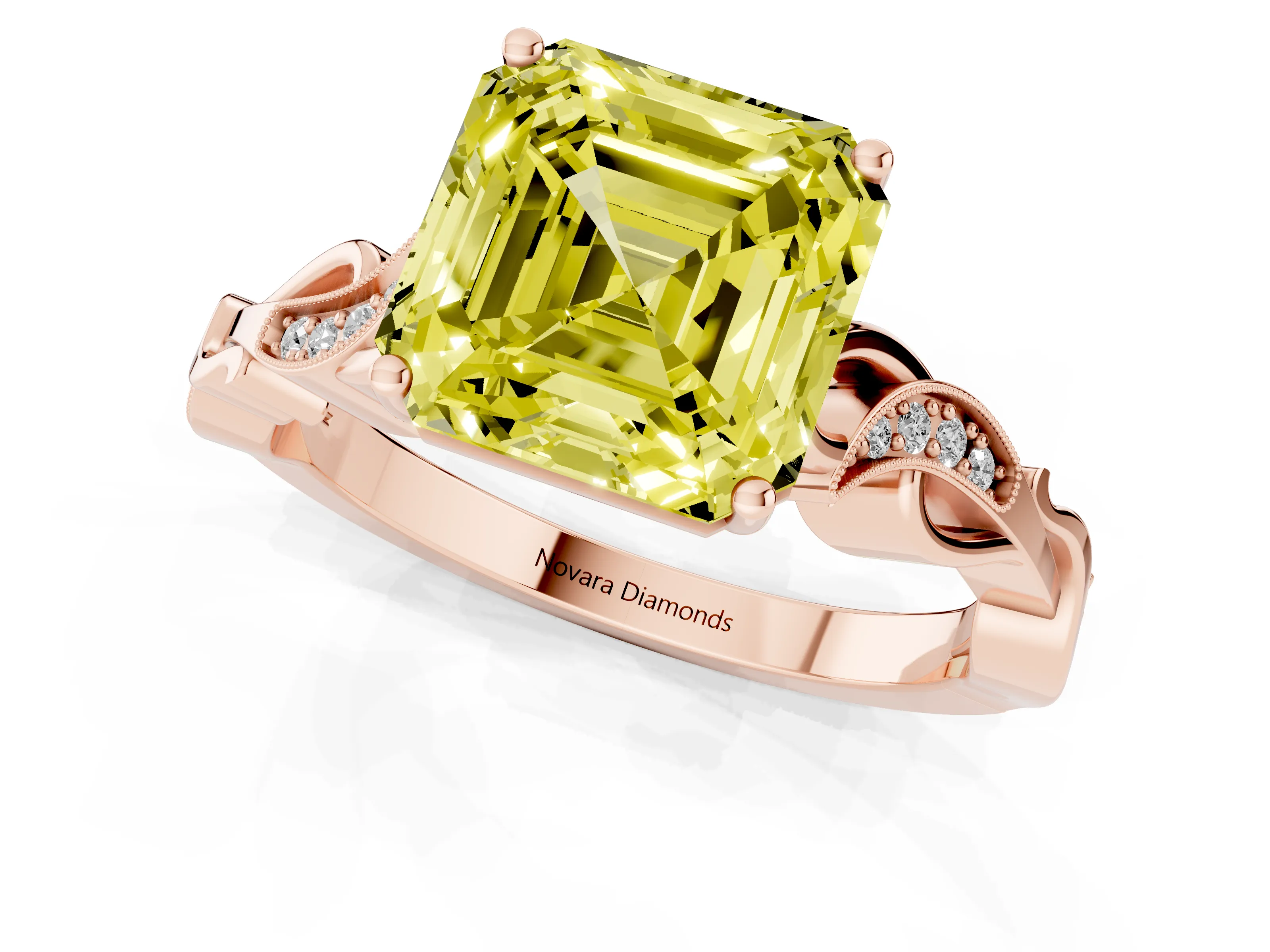 Fancy Yellow Asscher Cut Diamond Vine Band Solitaire Ring Set in Rose gold with Milgrain Prong Setting