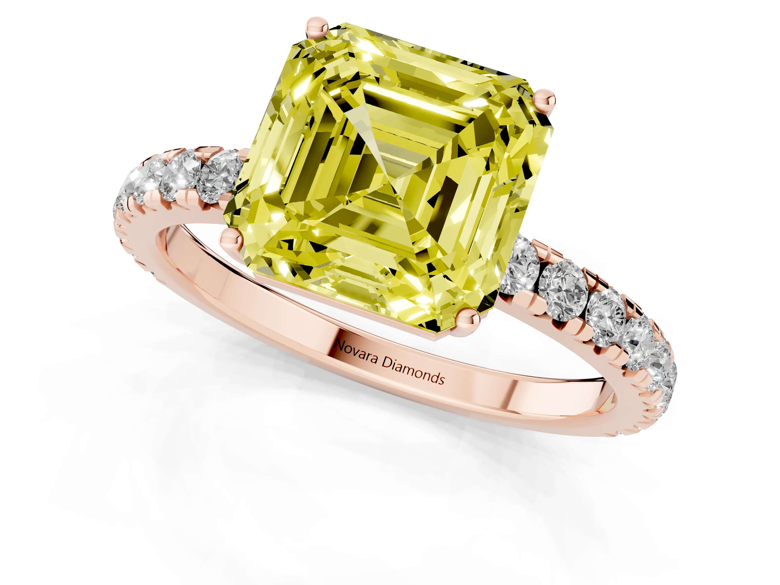 Fancy Yellow Asscher Cut Diamond Pavé Solitaire Engagement Ring Set in Rose gold with Prong Setting