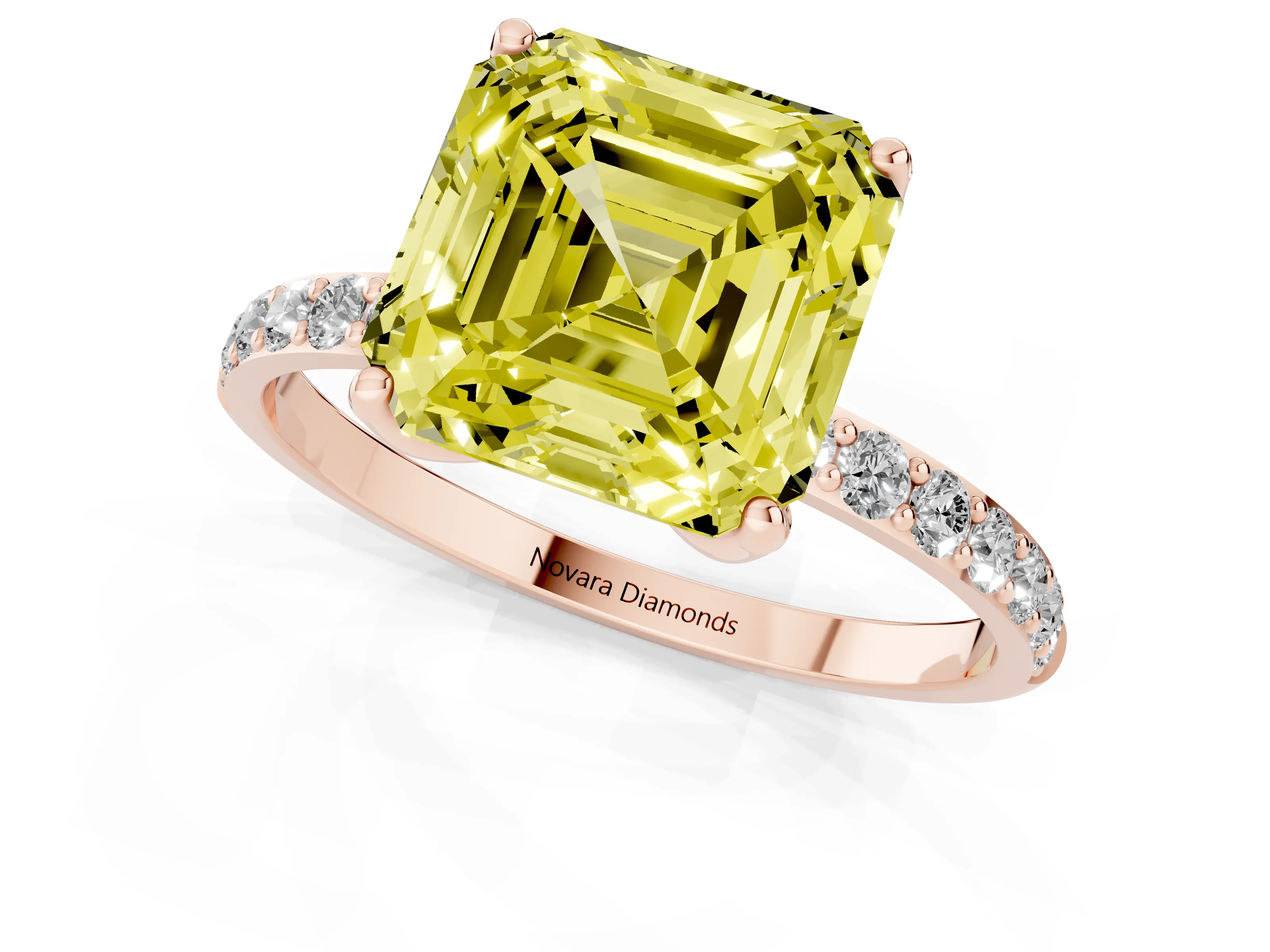 Fancy Yellow Asscher Cut Diamond Solitaire Engagement Ring Set in Rose gold with Round Pavé Band and Prong Setting