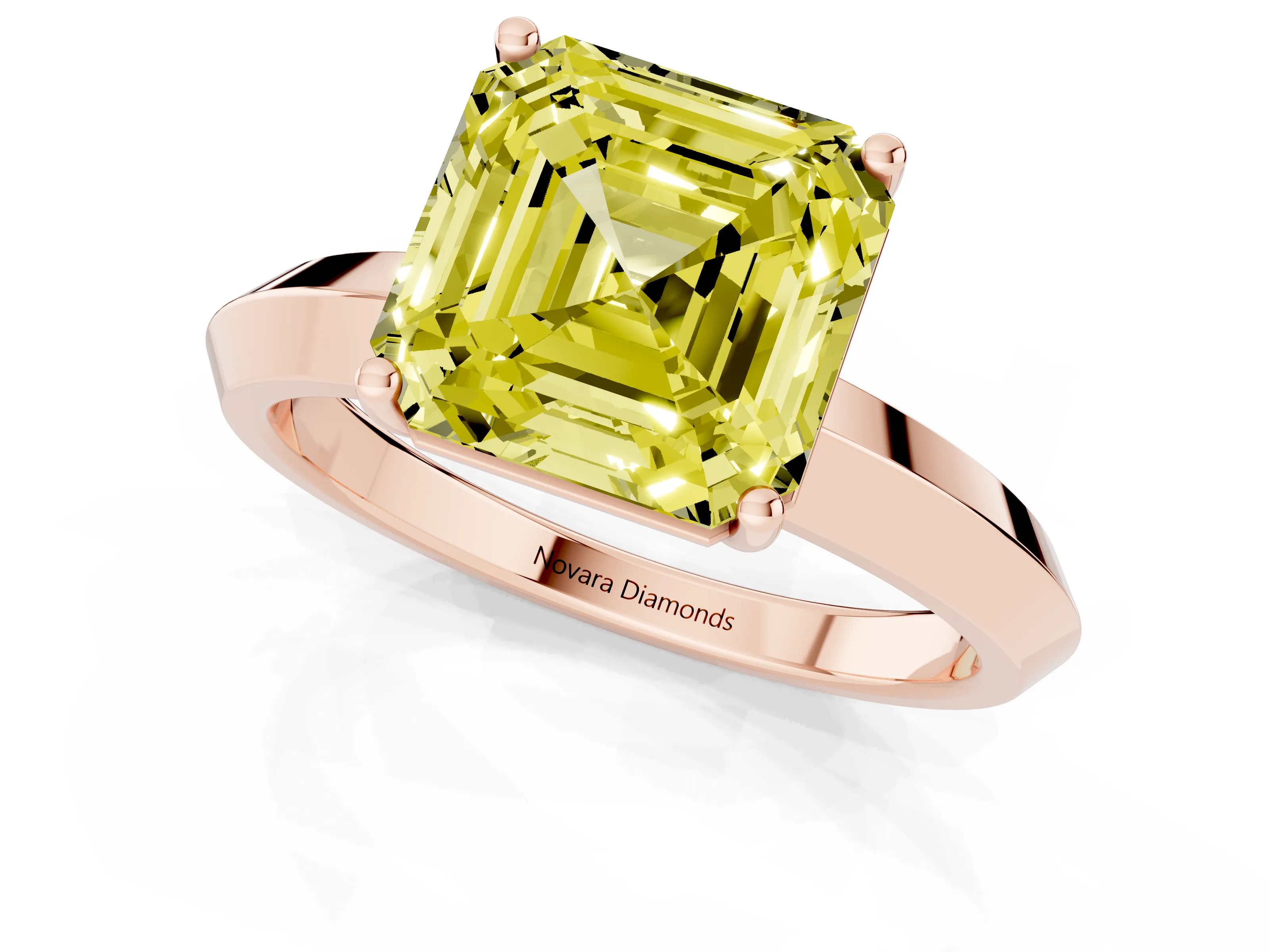 Fancy Yellow Asscher Cut Diamond Solitaire Engagement Ring Set in Rose gold with Flat Band and Prong Setting