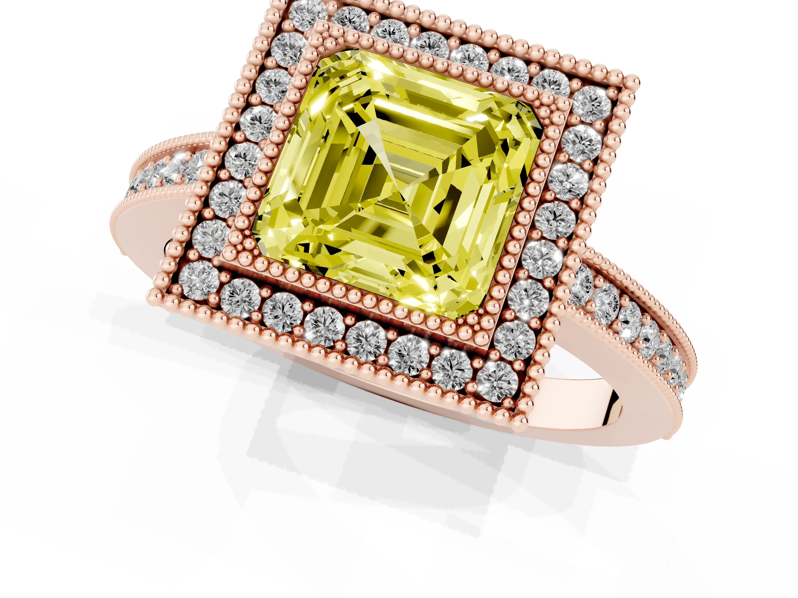 Fancy Yellow Asscher Cut Diamond Round Halo Ring Set in Rose gold with Pavé Band