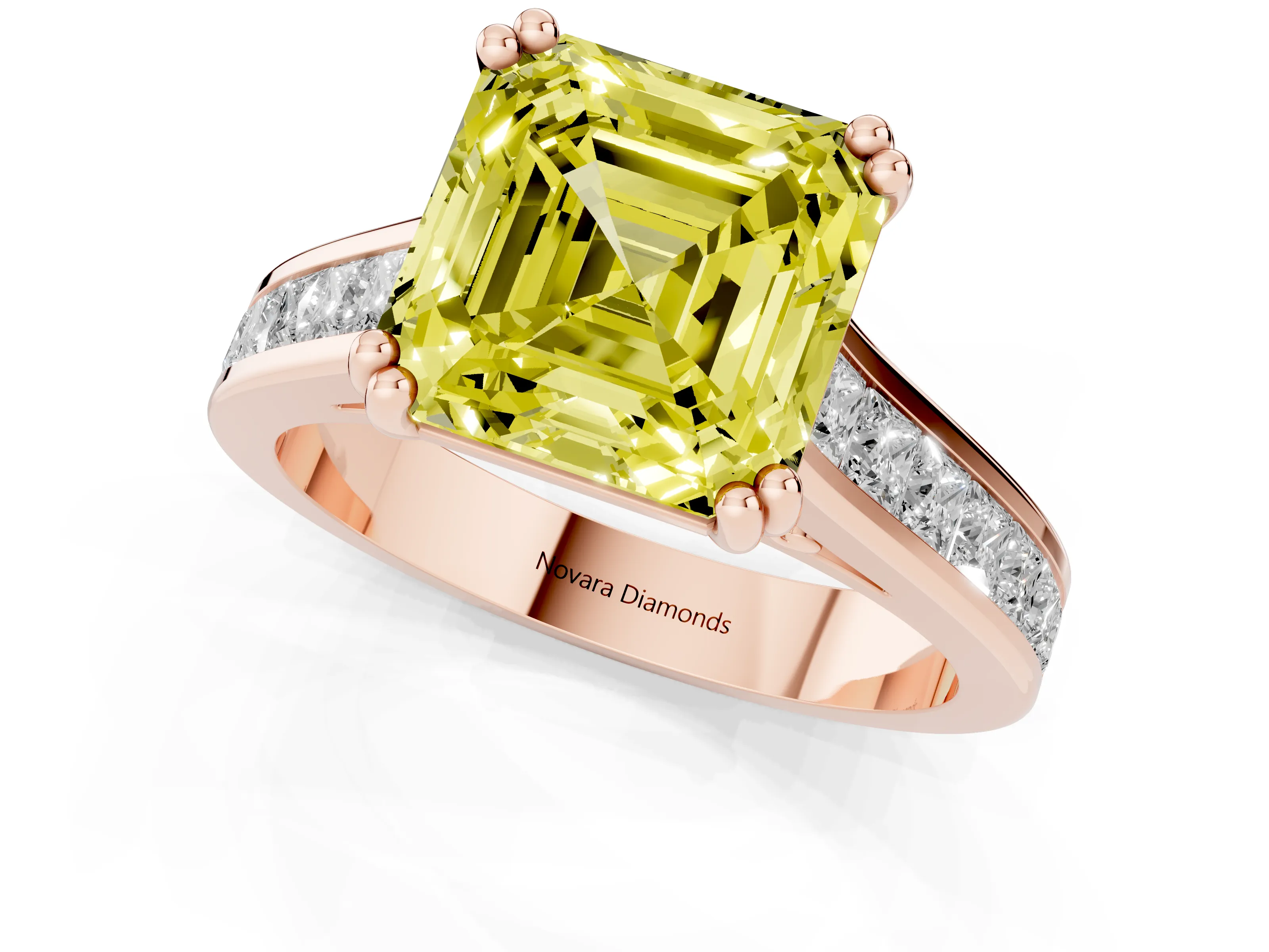 Fancy Yellow Asscher Cut Diamond Channel Set Solitaire Engagement Ring Set in Rose gold with Prong Setting