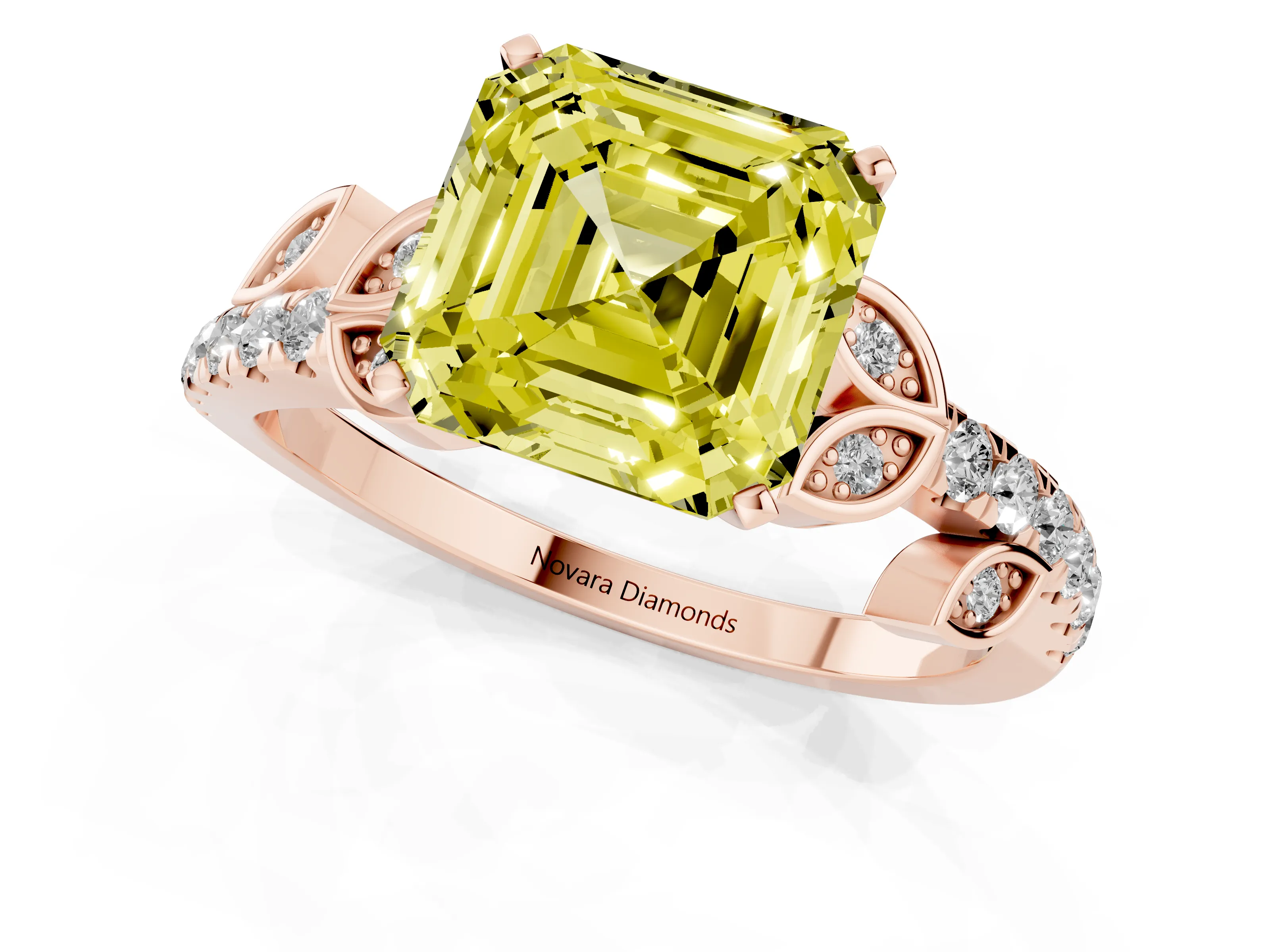 Fancy Yellow Asscher Cut Diamond Solitaire Leaf-Inspired Ring Set in Rose gold with Pavé Band and Prong Setting