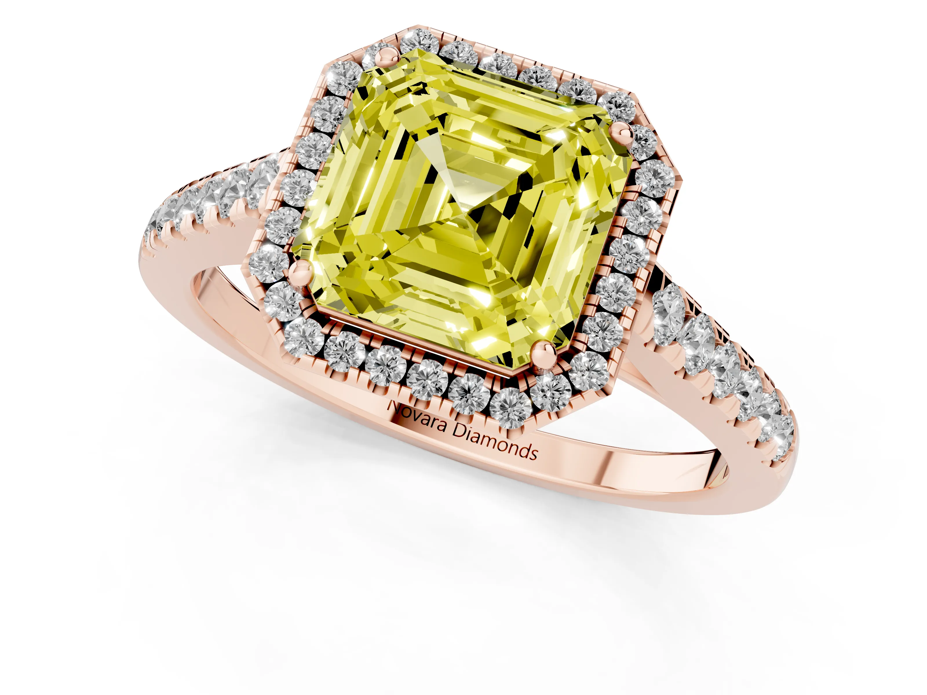 Fancy Yellow Asscher Cut Diamond Halo Pavé Engagement Ring Set in Rose gold with Prong Setting