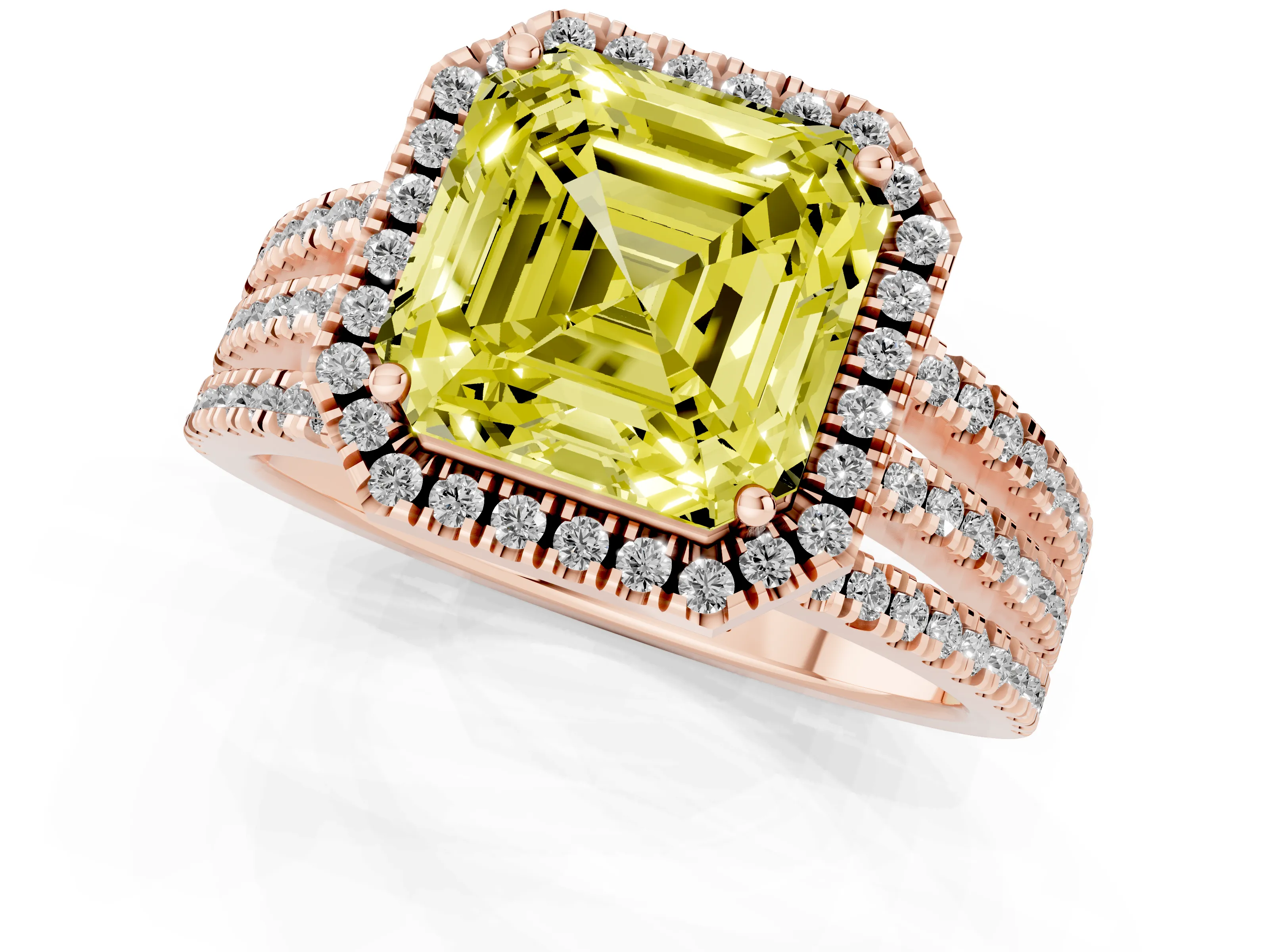 Fancy Yellow Asscher Cut Diamond Halo Split Shank Engagement Ring Set in Rose gold with Prong Setting